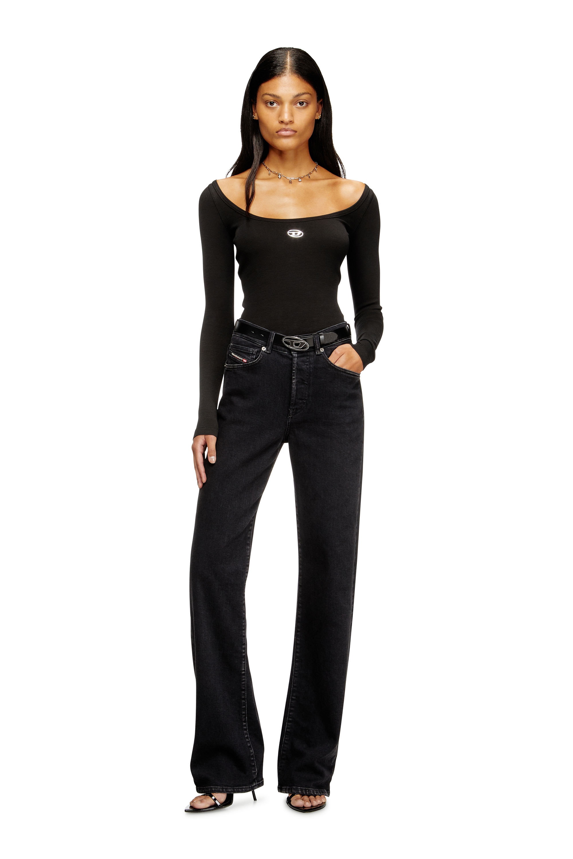 Diesel - T-BAL-OD, Top a maniche lunghe a costine con Oval D metallico Donna in Nero - 1