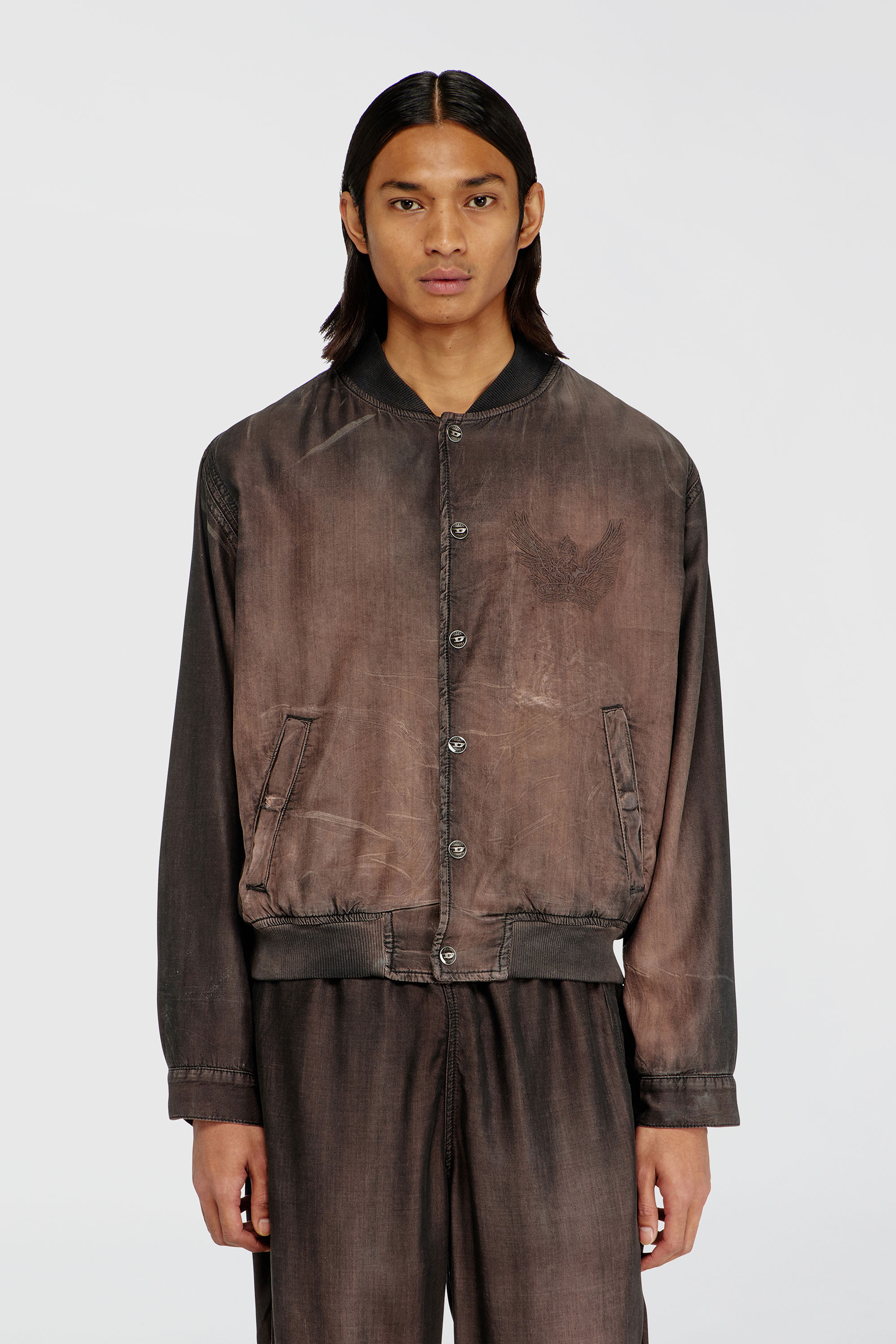 Diesel - D-BELMOR-S, Man's Bomber jacket in fluid coated denim in Brown - 1