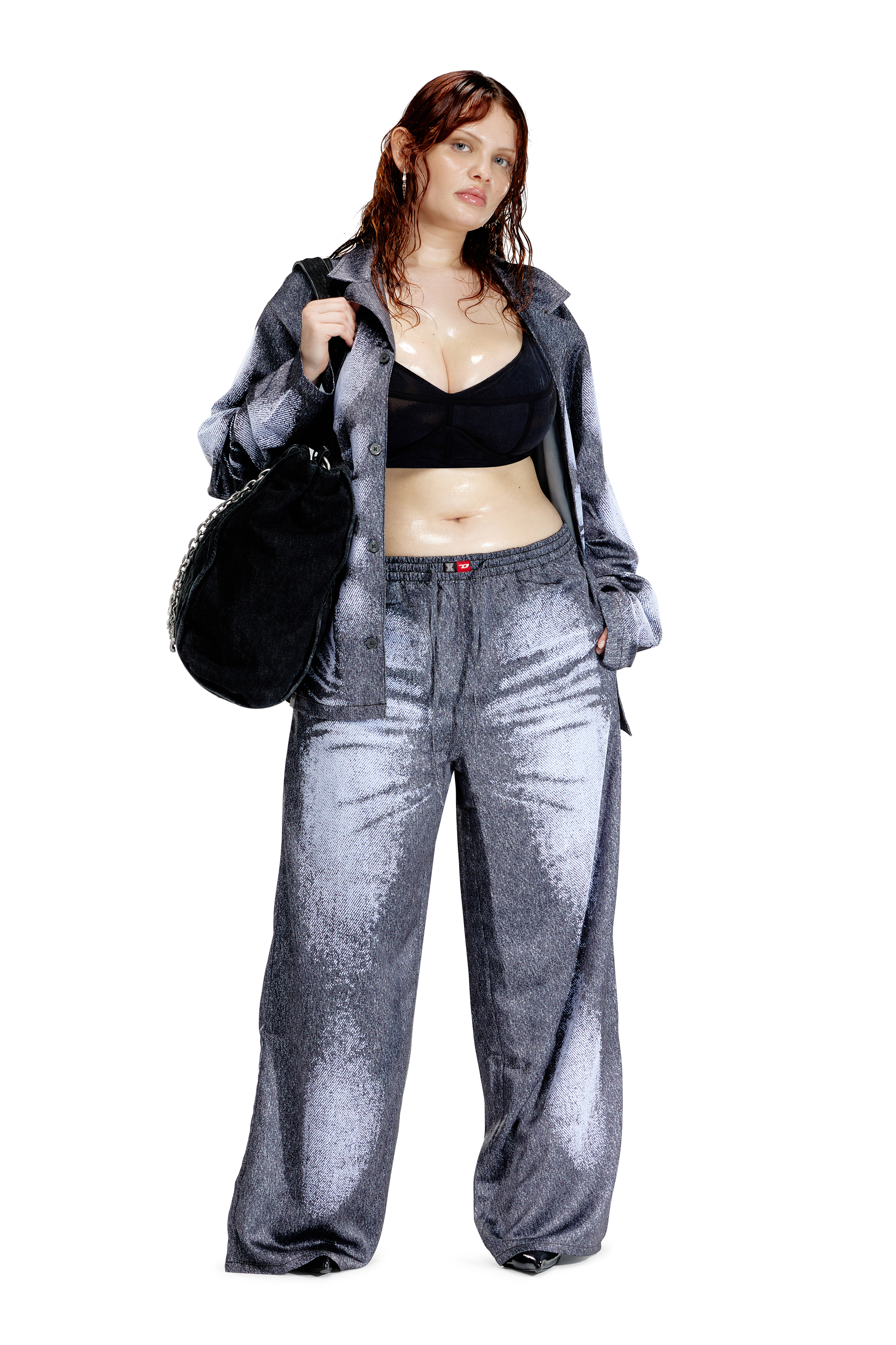 Diesel - STAINS-AND-TROMPE-SLEEP-PANT, Unisex Satin-Pyjamahose im Denim-Look in Grau - 4