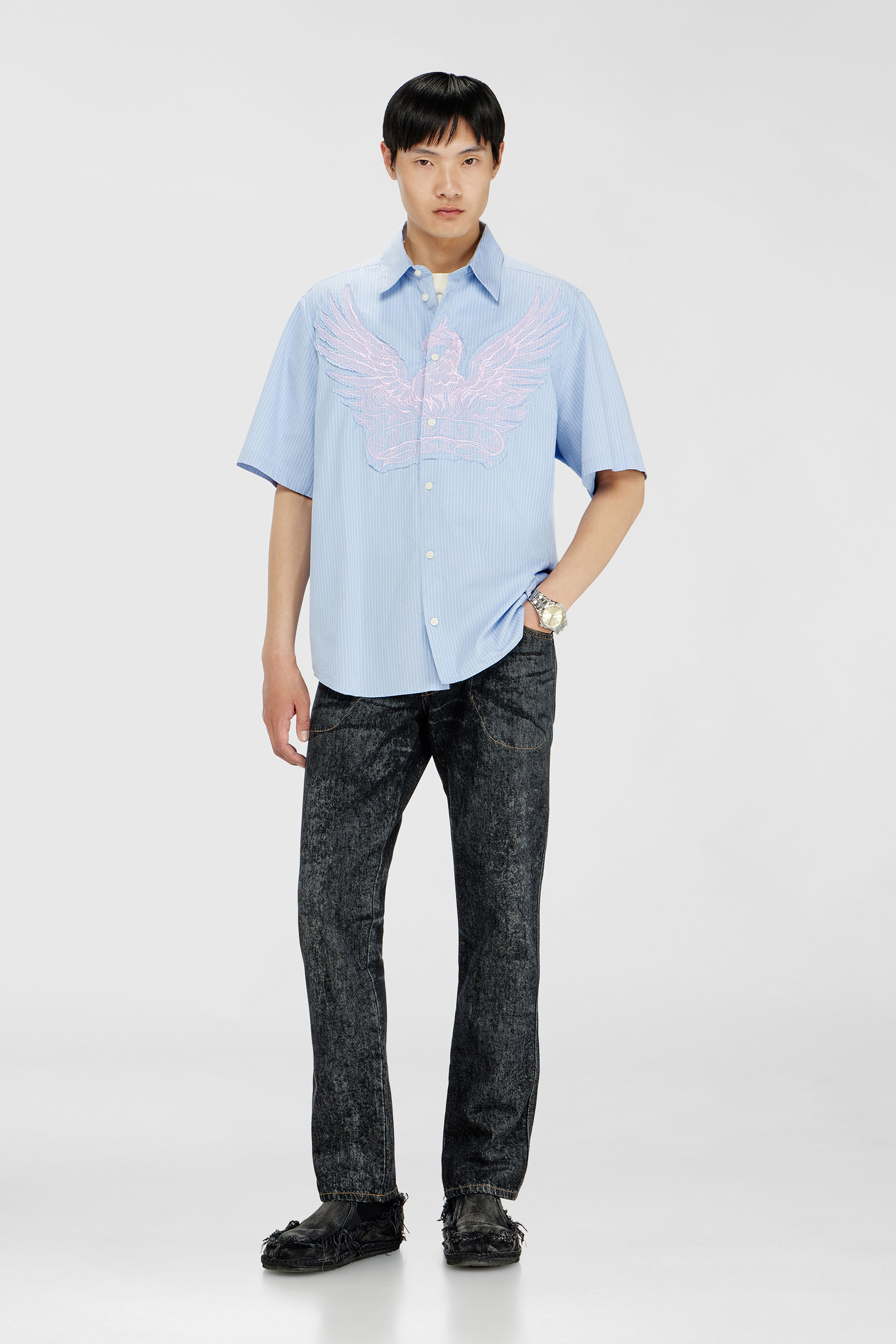 Diesel - S-SIMPLY-SS-AGCZ, Chemise en popeline ray&eacute;e avec patch brod&eacute; Homme in Bleu - 2