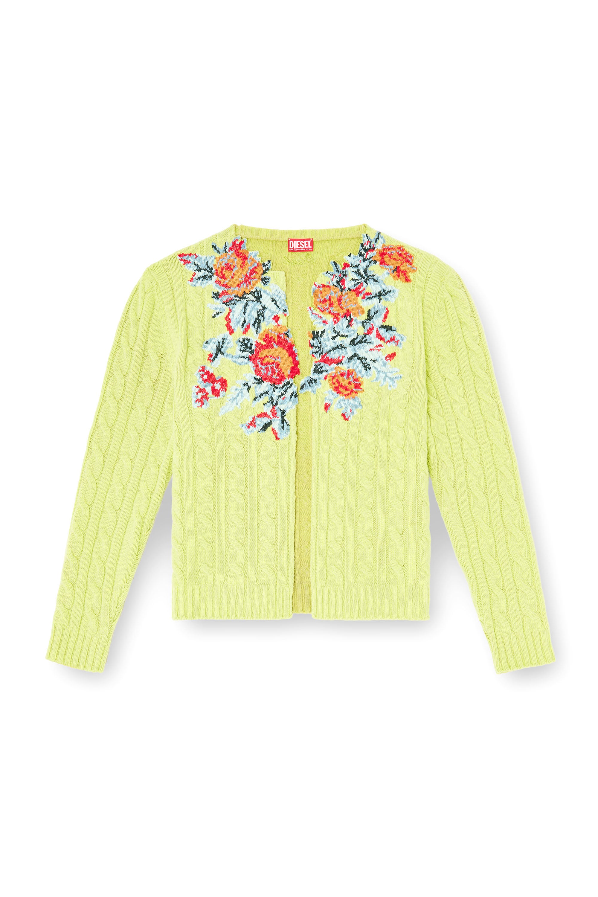 Diesel - K-RINO, Cardigan ouvert en maille torsad&eacute;e &agrave; motif floral Homme in Vert - 4