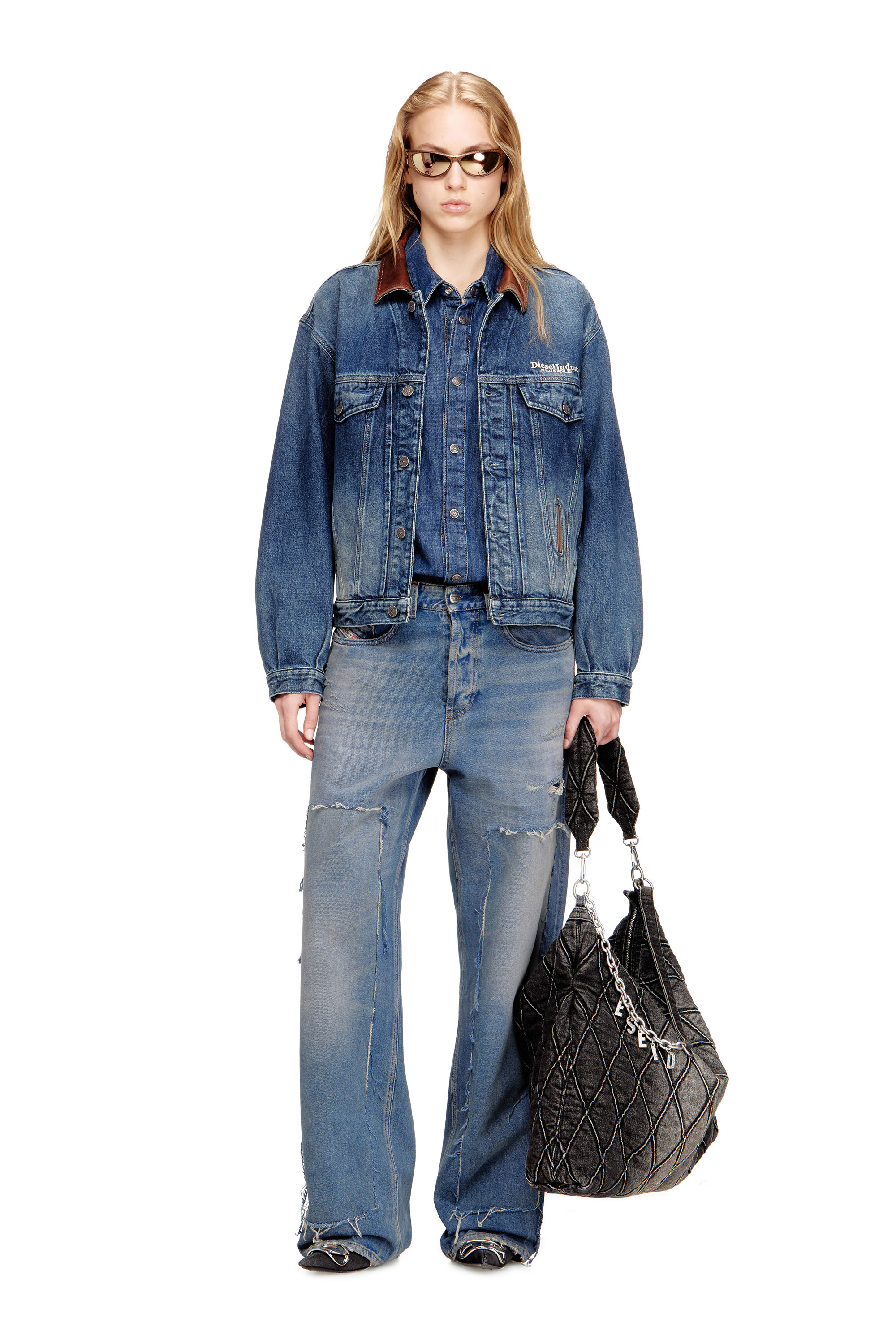 Diesel - D-DENVER-S1, Veste en denim de type trucker avec garnitures en cuir contrastant. Mixte in Bleu - 4