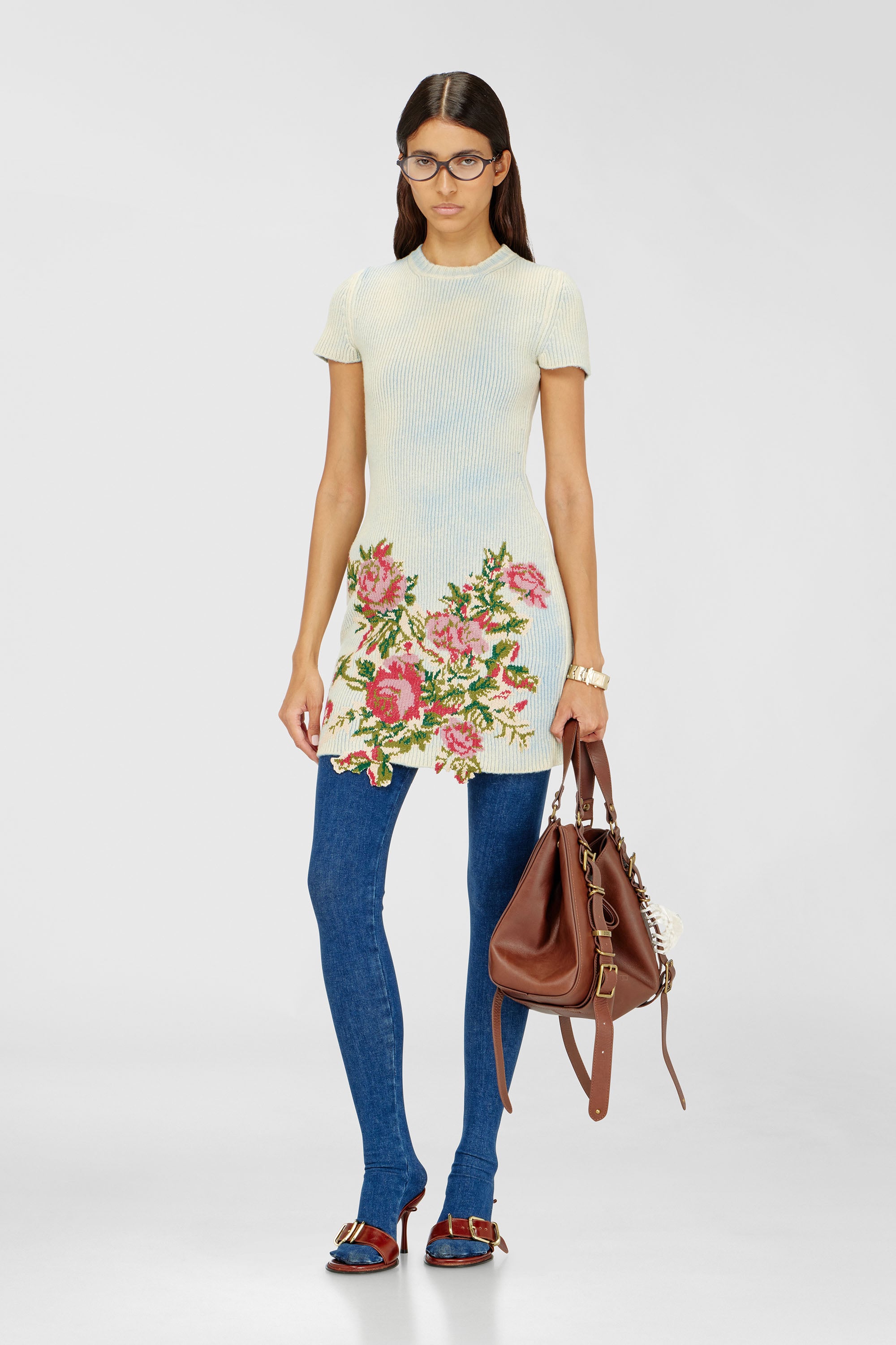 Diesel - M-RINNIE, Robe courte en maille m&eacute;lang&eacute;e laine &agrave; motif fleuri Femme in Polychrome - 1