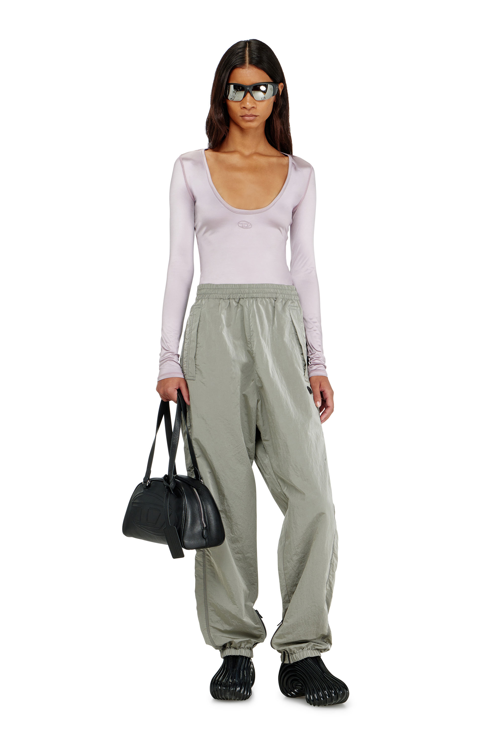 Diesel - T-ELPHIN-LS, Top slim in nylon con scollo rotondo e ricamo Logo Oval D Donna in Viola - 1
