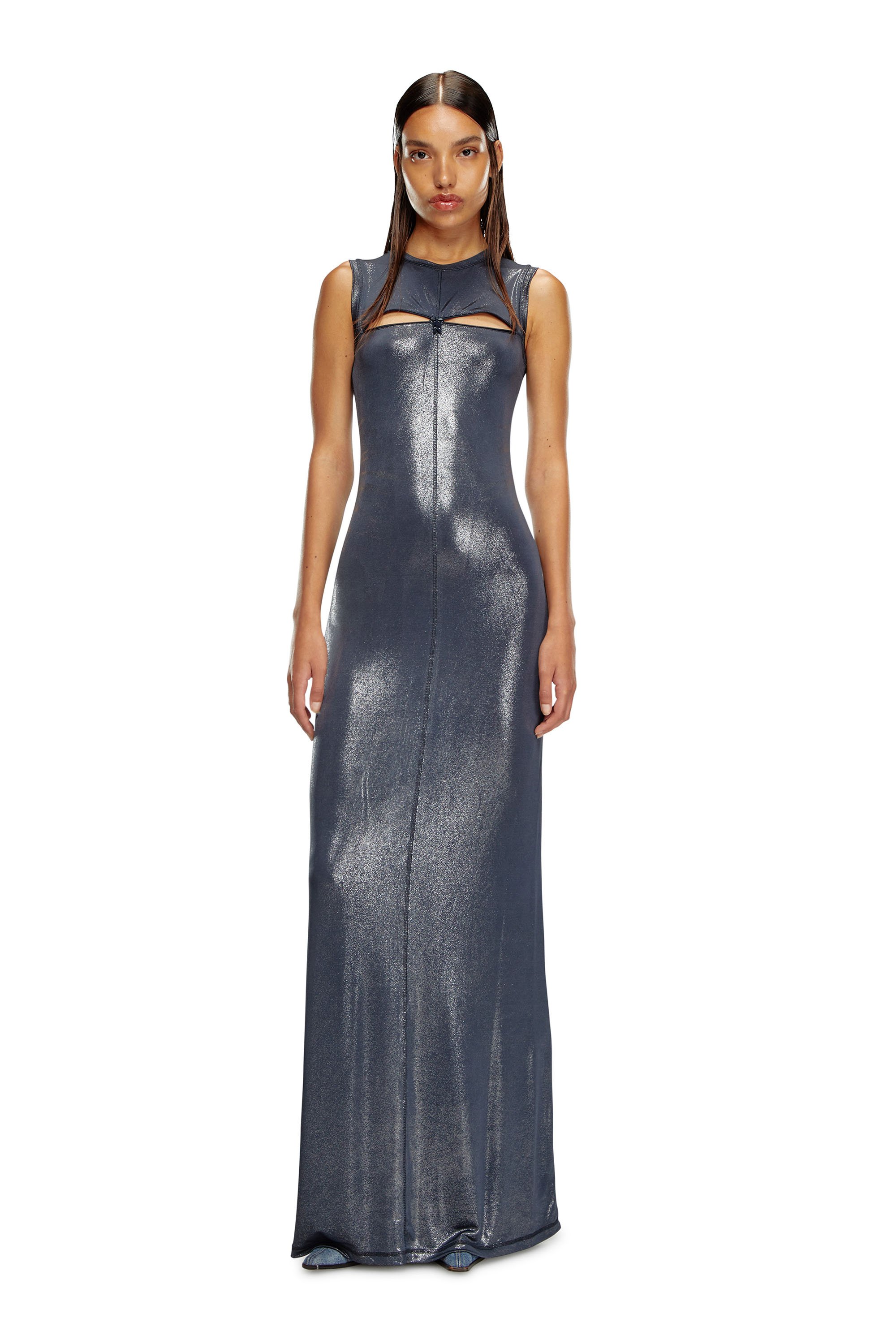 Diesel - D-VETY, Damen Langes Metallic-Kleid mit Reißverschlussdetails in Blau - Image 2