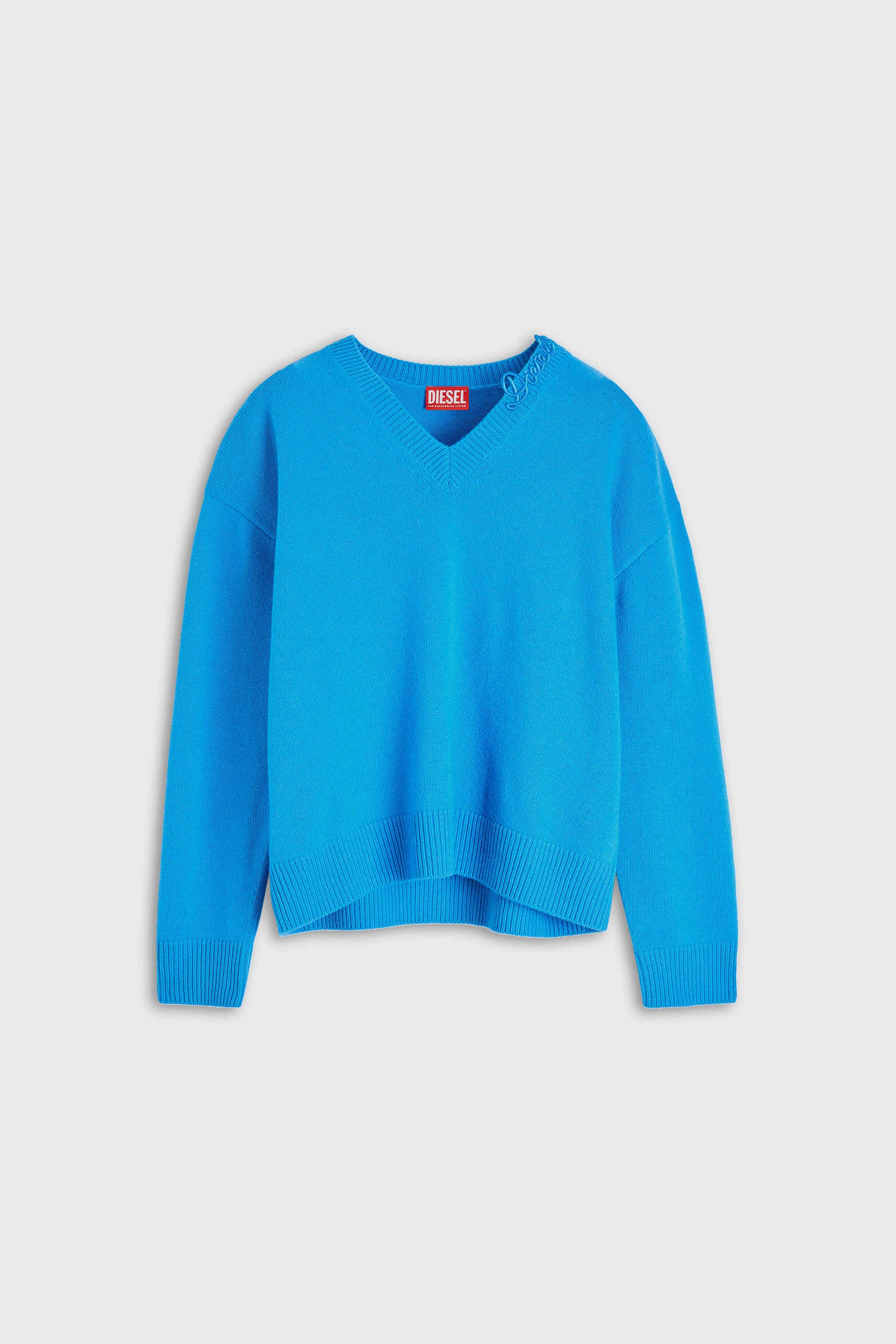 Diesel - M-IMOSA, Maglione in lana con scollo a V e logo sul collo Donna in Blu - 2