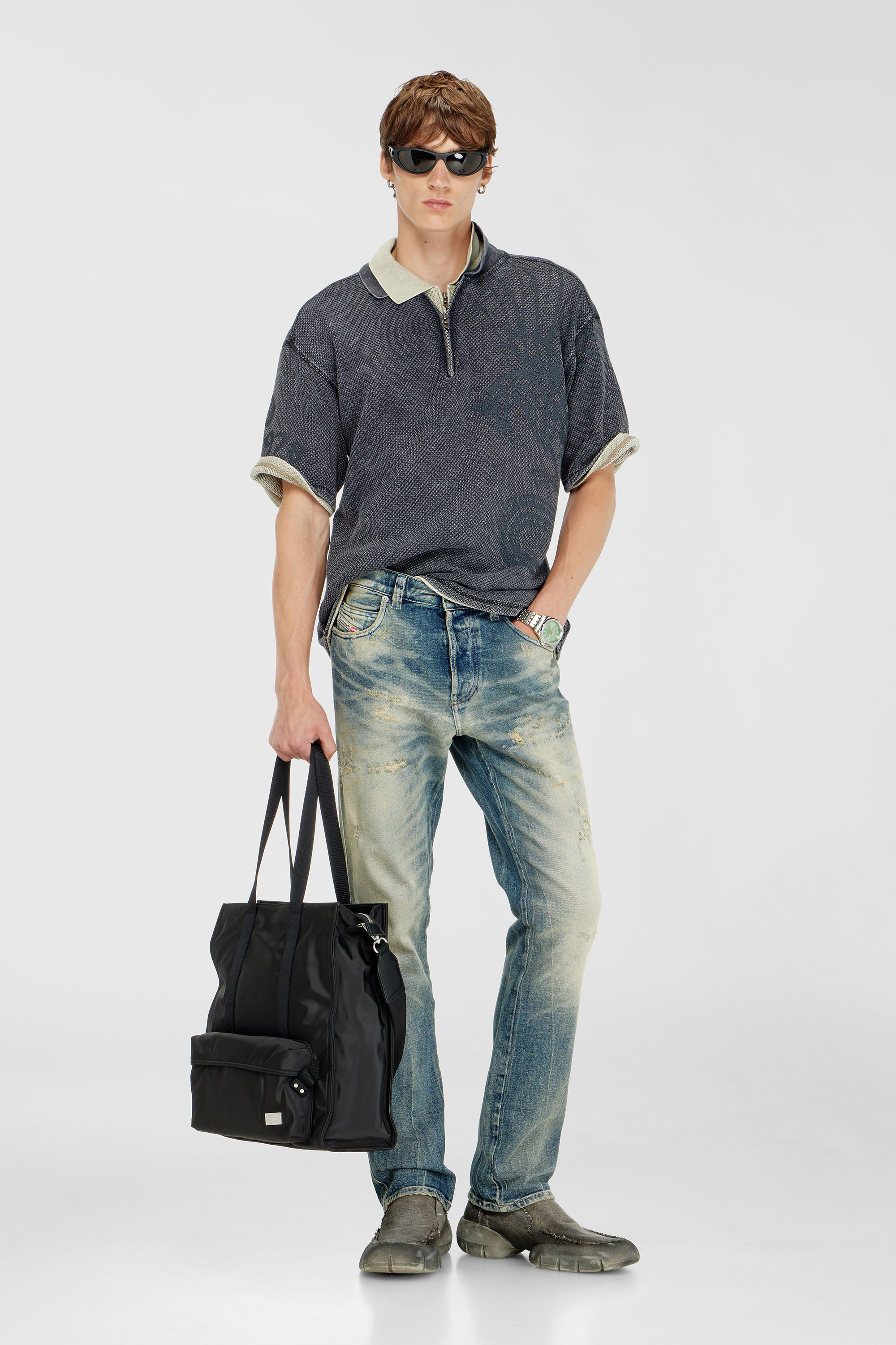 Diesel - T-ERRY-ZIP, Polo en mesh jacquard avec imprim&eacute; Phoenix Homme in Gris - 1