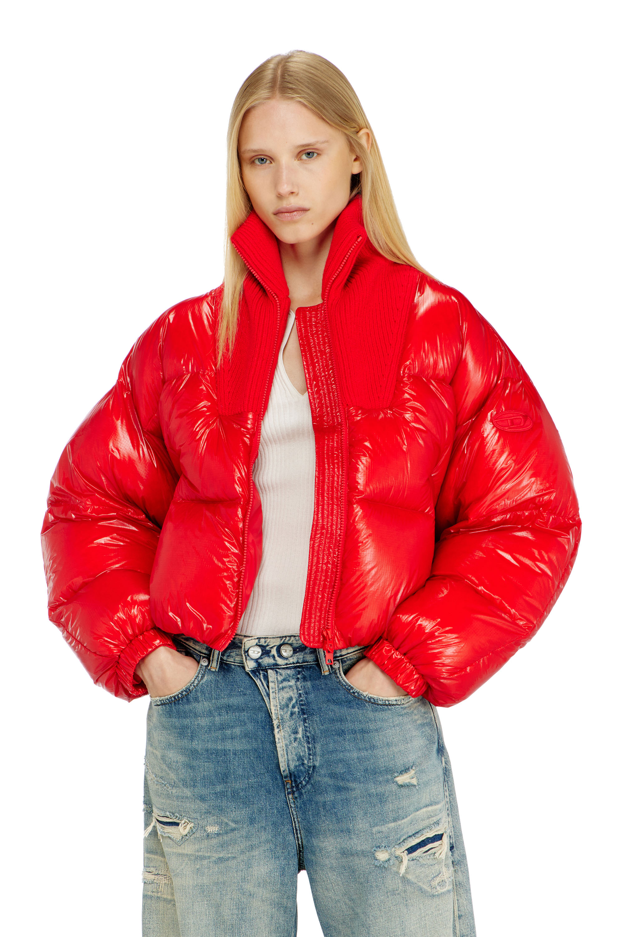 Diesel - W-ARRIOR, Piumino down in ripstop con collo a maglia Donna in Rosso - 1