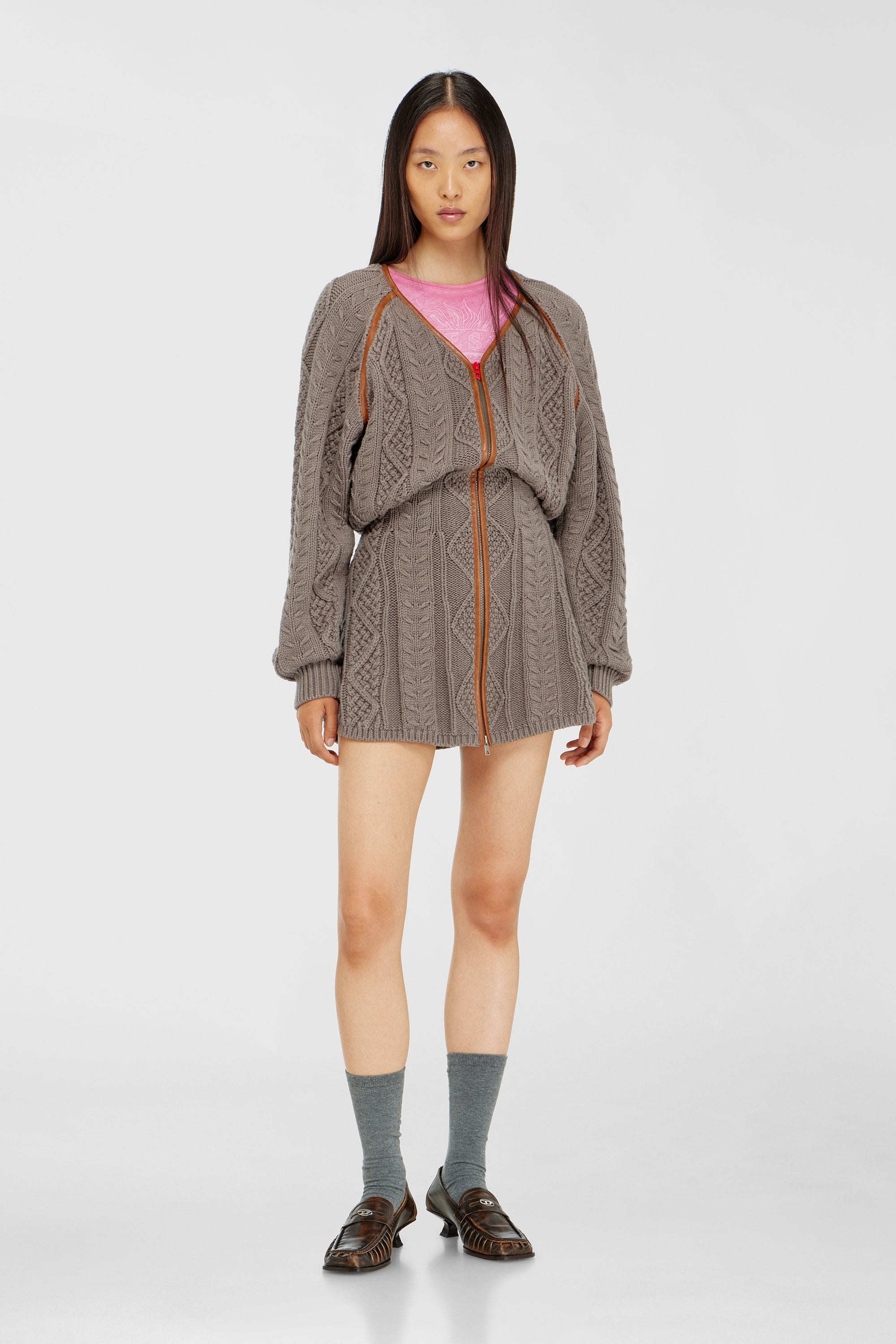 Diesel - M-INTESSE, Abito mini cardigan in maglia a trecce Donna in Grigio - 1