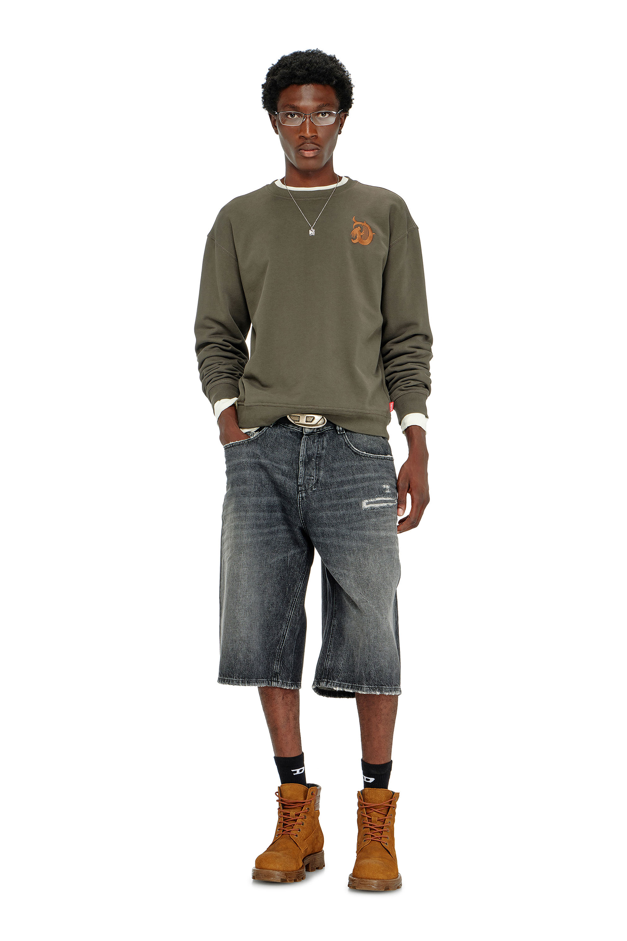 Diesel - S-NORM-AA4, Herren Sweatshirt mit Stickerei und Flockprint in Armeegr&uuml;n - 1