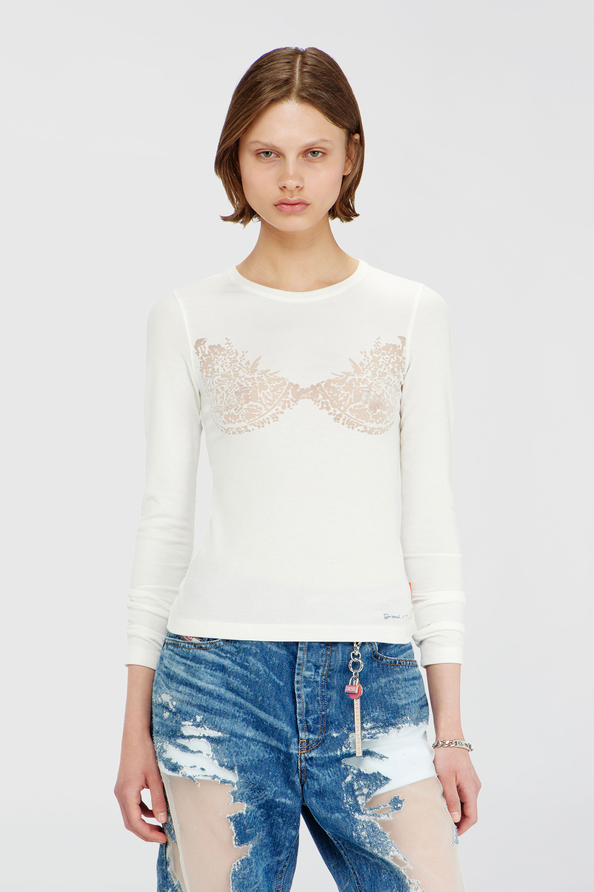 Diesel - PR-T-MOKKI-LS-R, Top avec effet dentelle devor&eacute; Femme in Blanc - 3