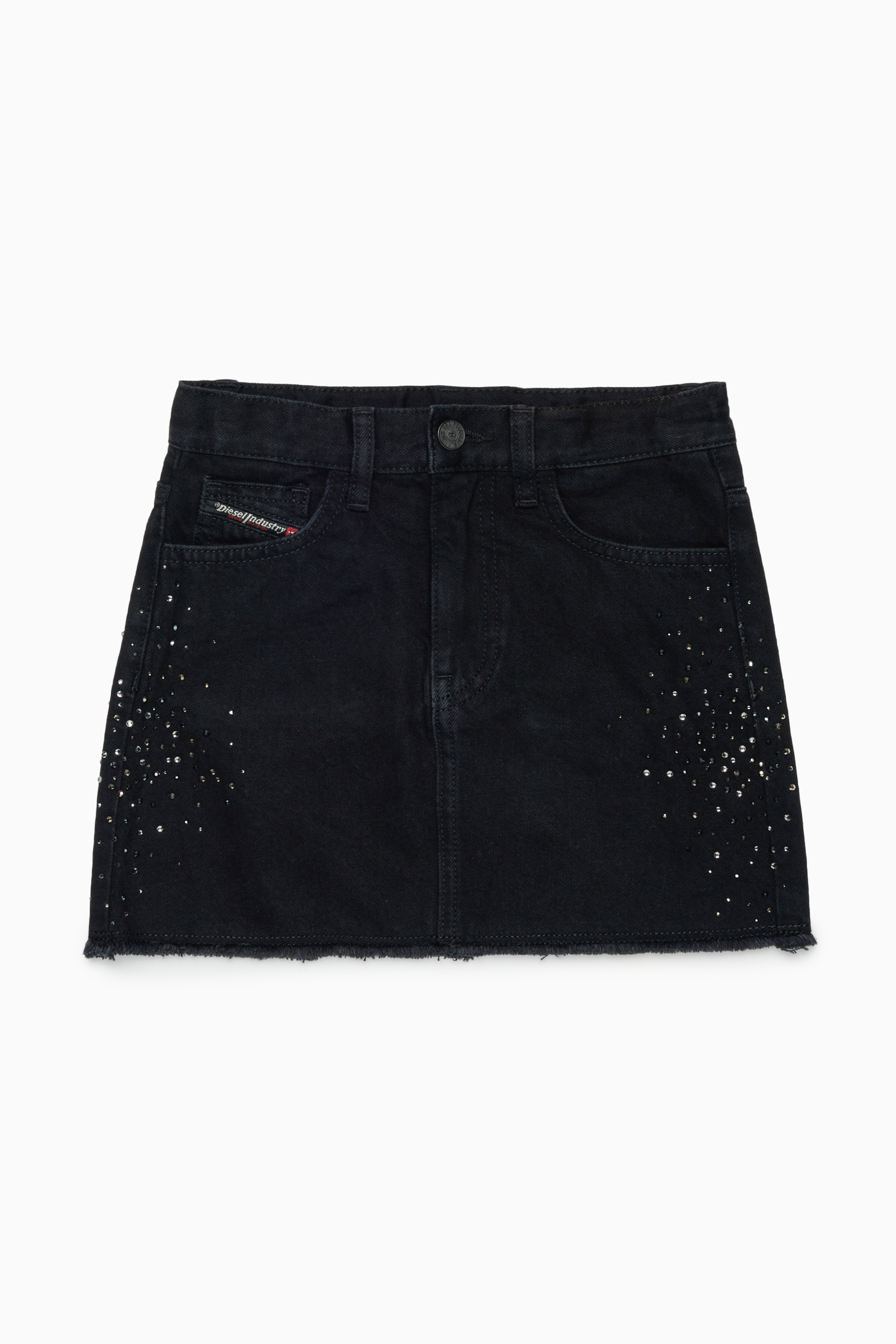 Diesel - GIANNA-SP, Mini-jupe en denim effiloch&eacute; avec strass Femme in Noir - 1