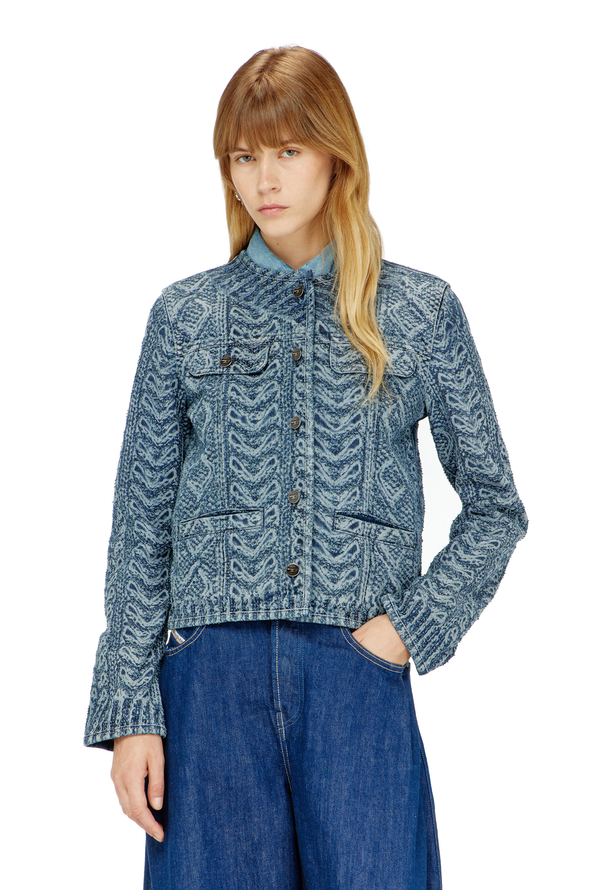 Diesel - DE-GRAFY-S2, Giacca senza collo in denim effetto maglia a trecce Donna in Blu - 1