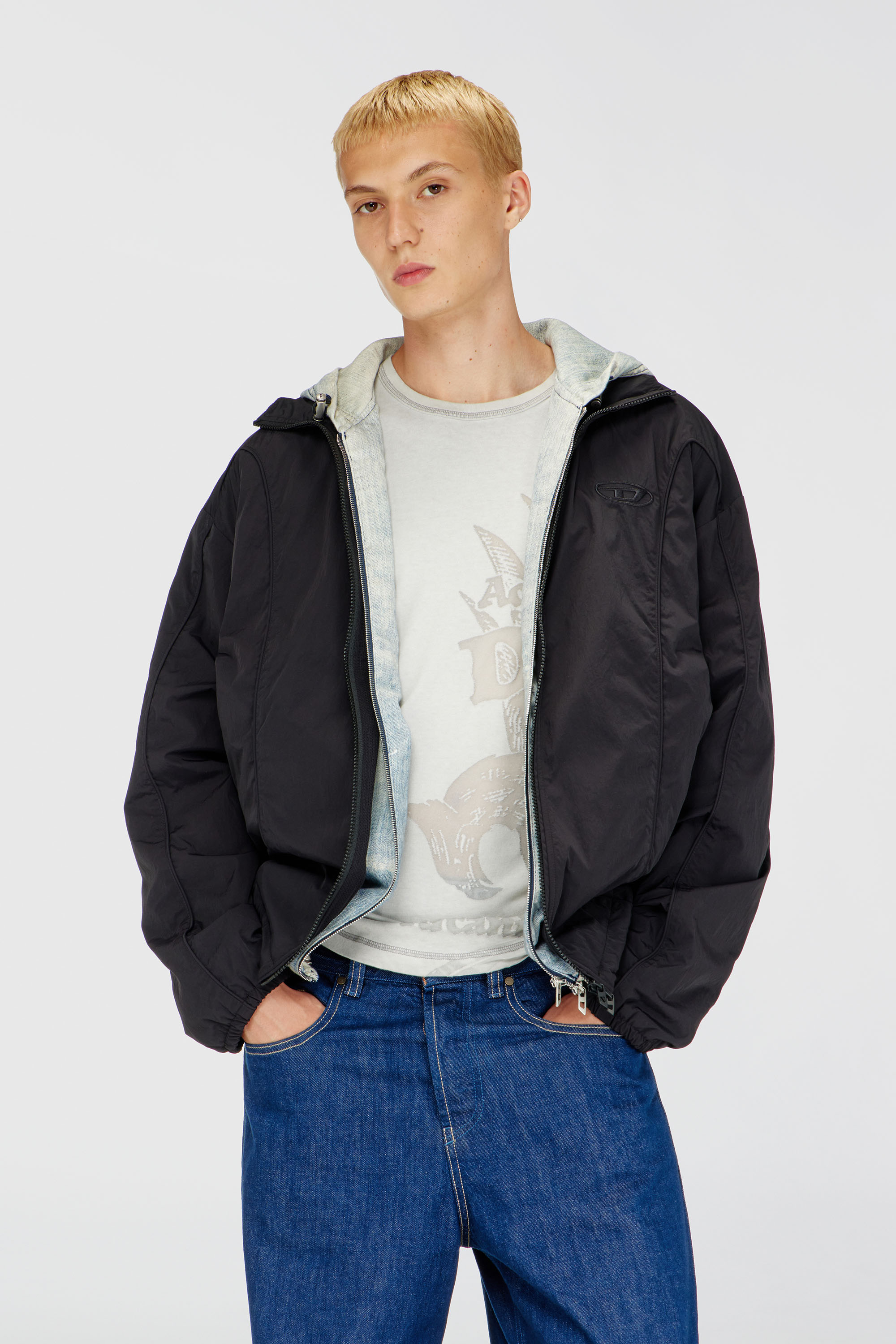 Diesel - J-FIVE-WRD-AKAD, Man's Crinkled-nylon jacket with piping in Black - 1