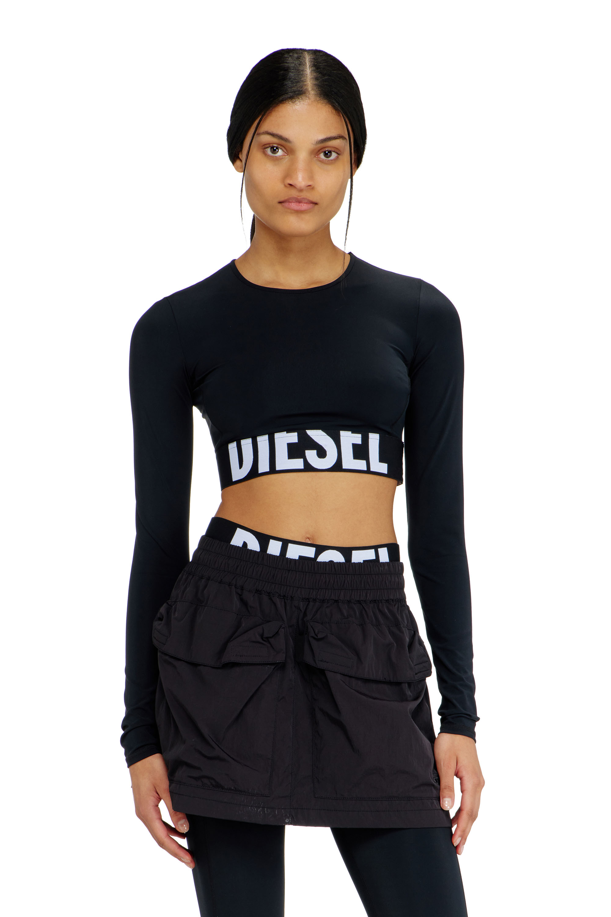 Diesel - MELISSA-D-POP, Crop top in microfibra con logo tagliato Donna in Nero - 2