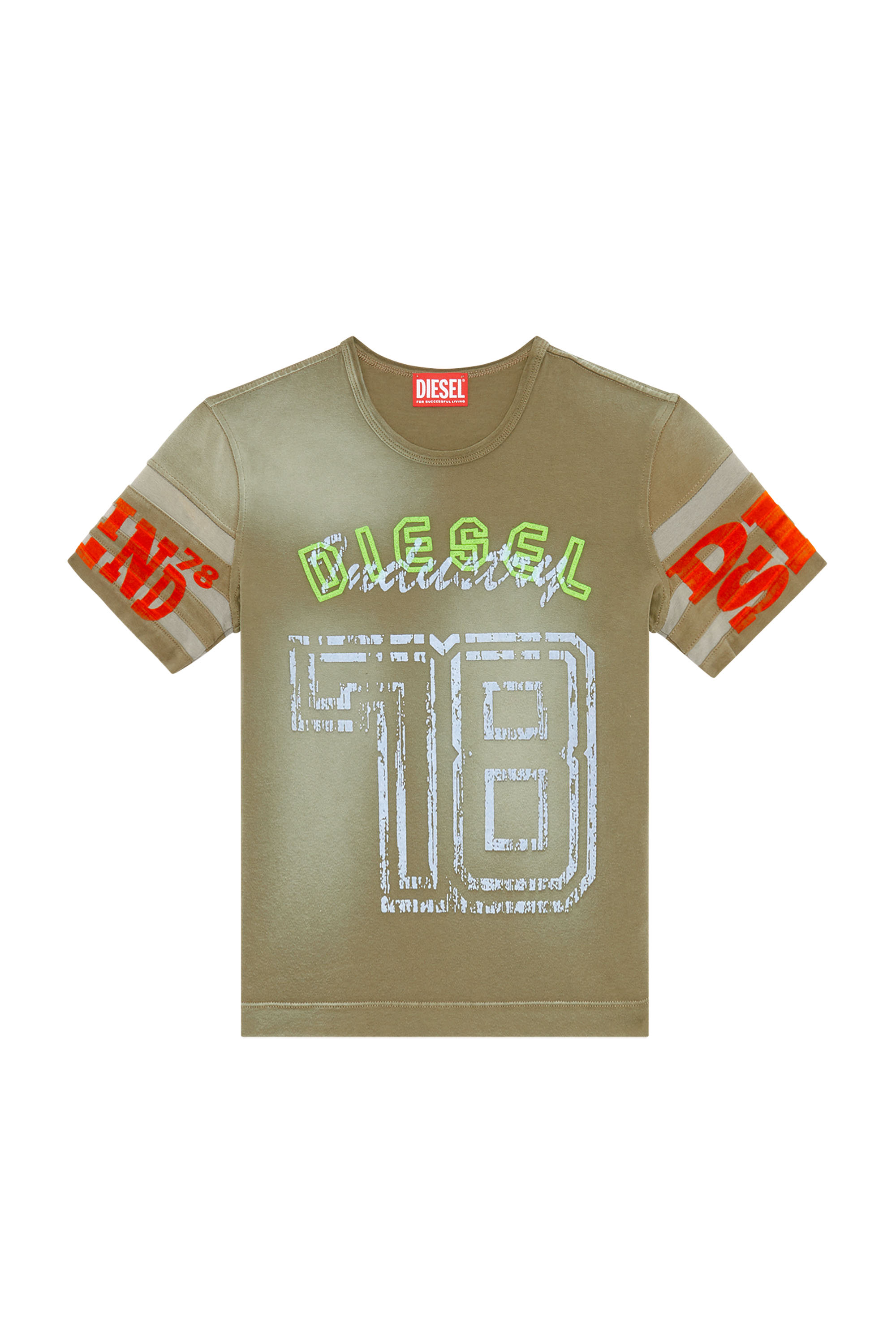 Diesel - T-UNCUSL, Damen T-Shirt aus behandeltem Jersey mit aufgeflockten Prints in Braun - Image 3