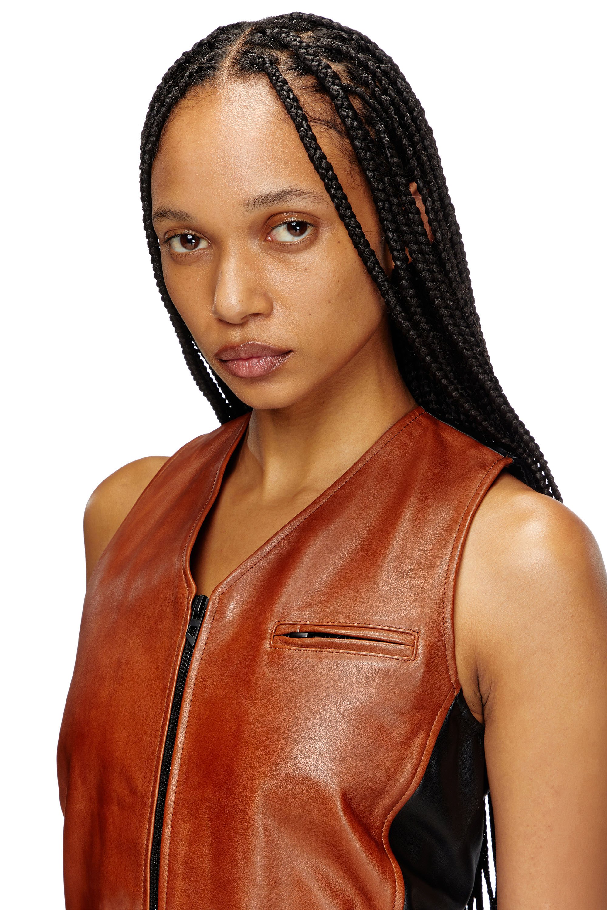 Diesel - L-USTRA, Woman's Cropped colour-block leather vest in Black/Brown - 4