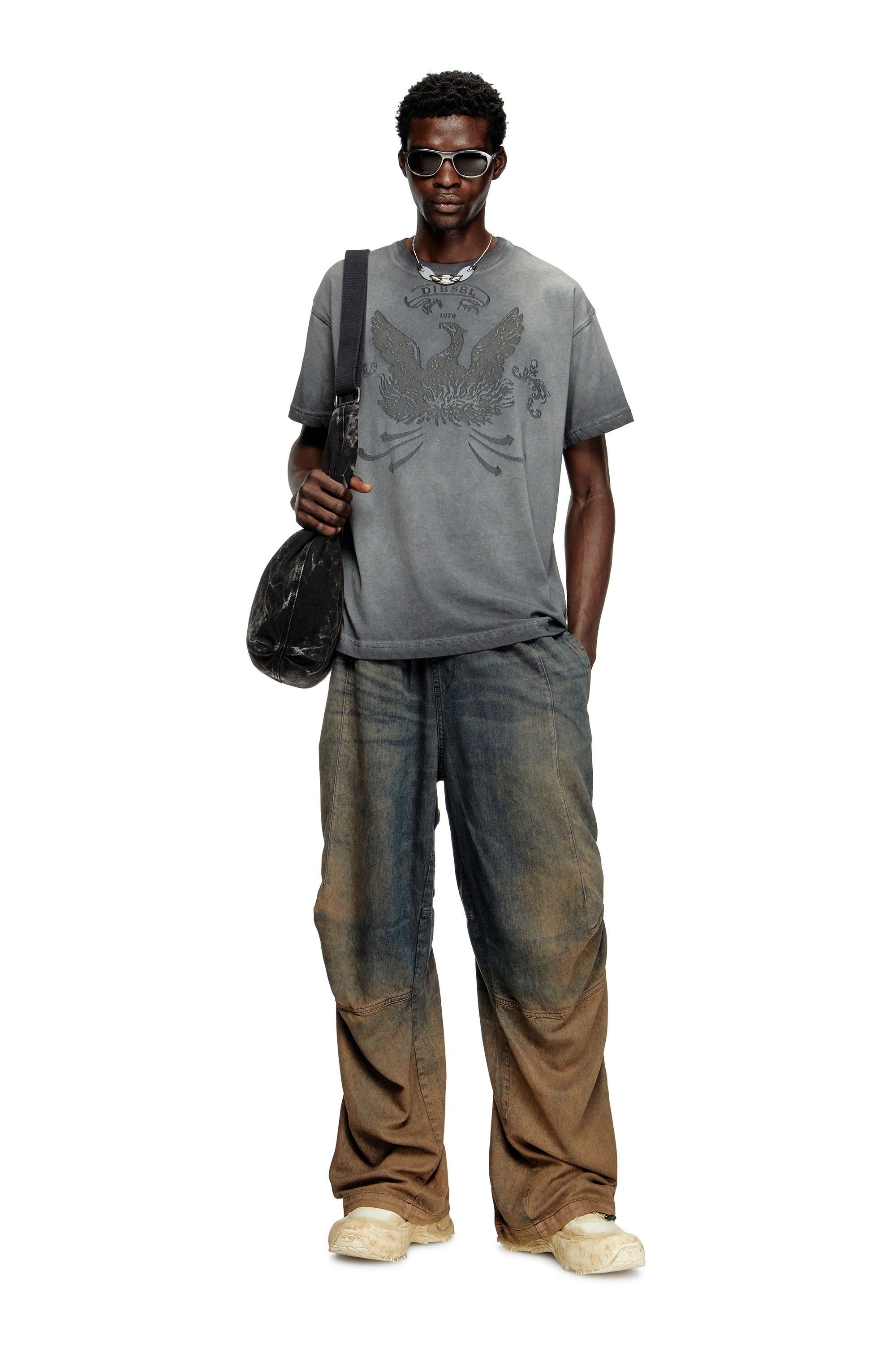 Diesel - T-NORM-T9, T-shirt con fenice dévoré Uomo in Grigio - 1