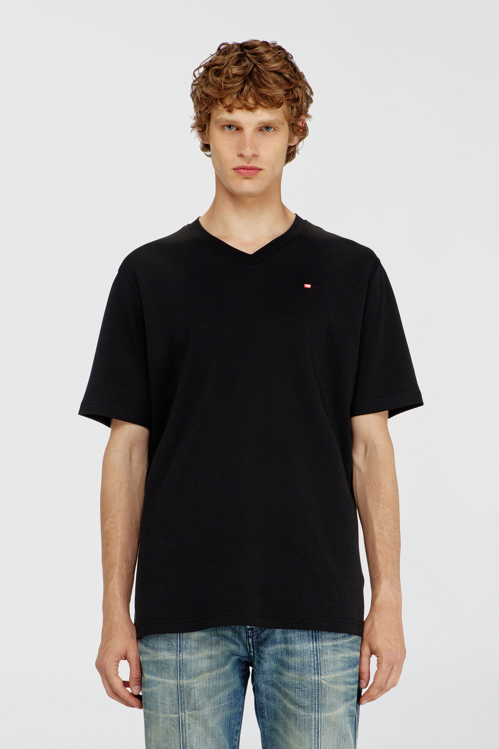 Diesel - T-ADJUST-V-MICRODIV, T-shirt con scollo a V con micro ricamo logo Uomo in Nero - 1