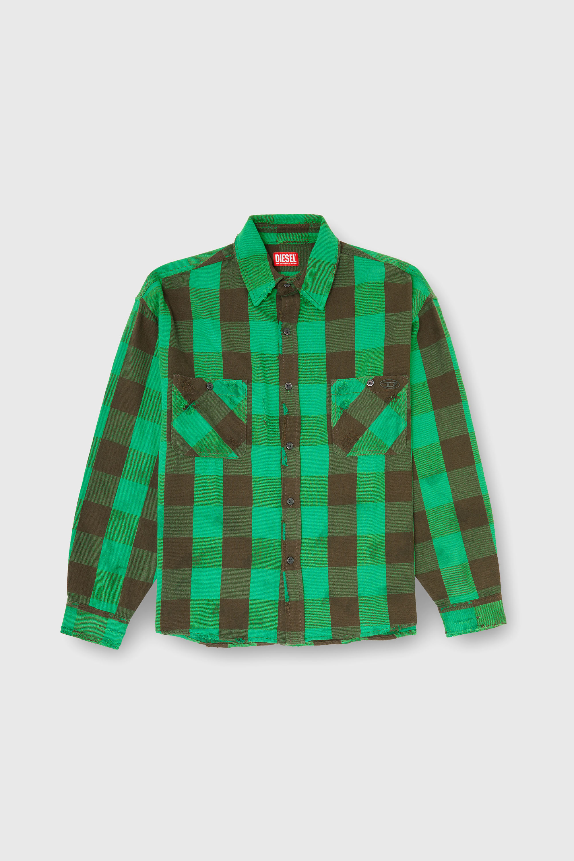 Diesel - S-DRUM, Man's Check flannel shirt with distressed effect in Brown/Green - 2