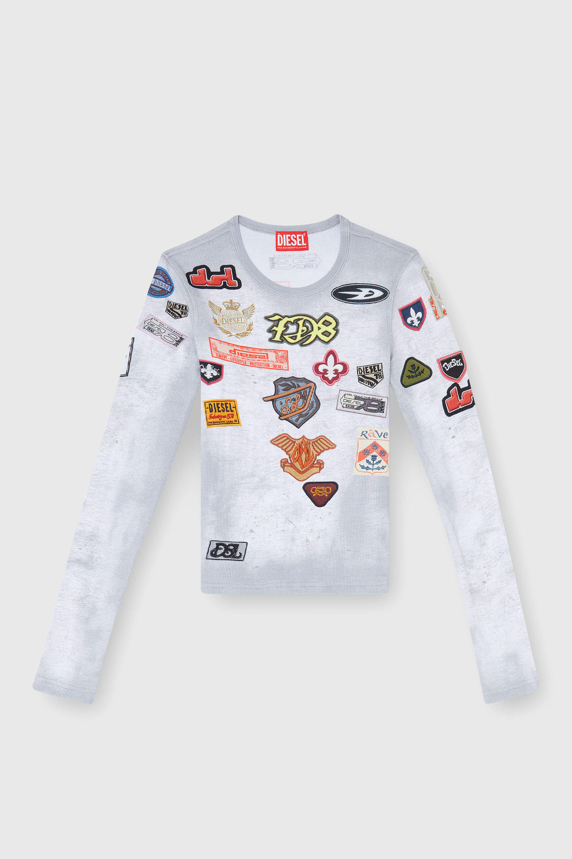 Diesel - T-ELE-LONGSLEEVE, Top in jersey a costine con stampa patch all-over Donna in Bianco - 2