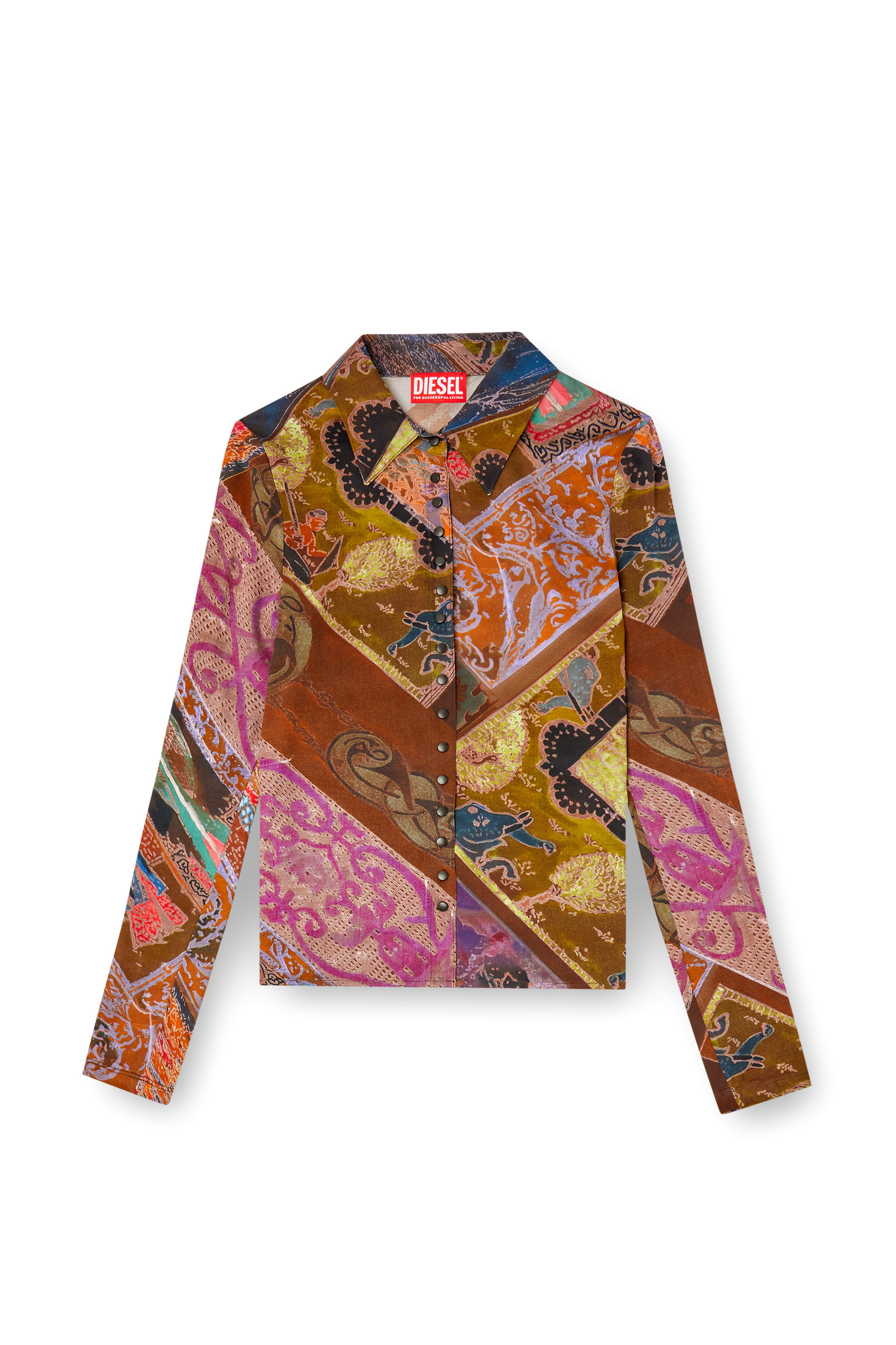 Diesel - C-AMELIA, Damen Hemd aus Stretch-Viskose mit Wappen-Print in Braun - 3