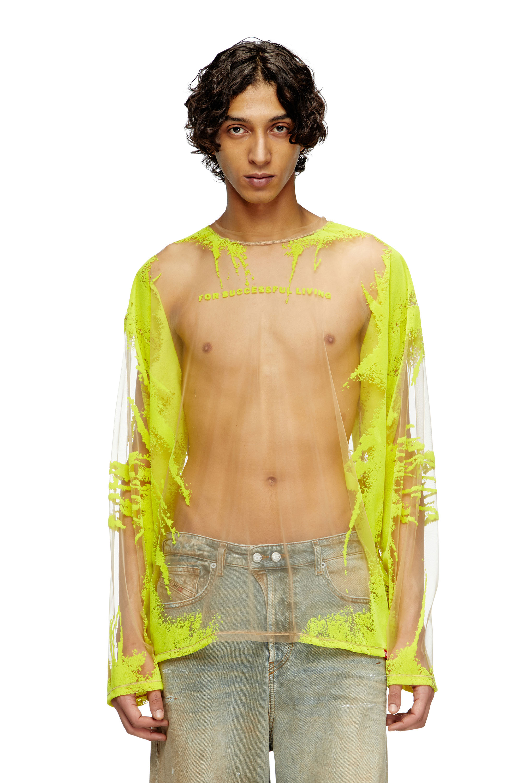 Diesel - T-HASSAN-LS-A, T-shirt en nylon à manches longues avec imprimé paroles Mixte in Jaune - 3