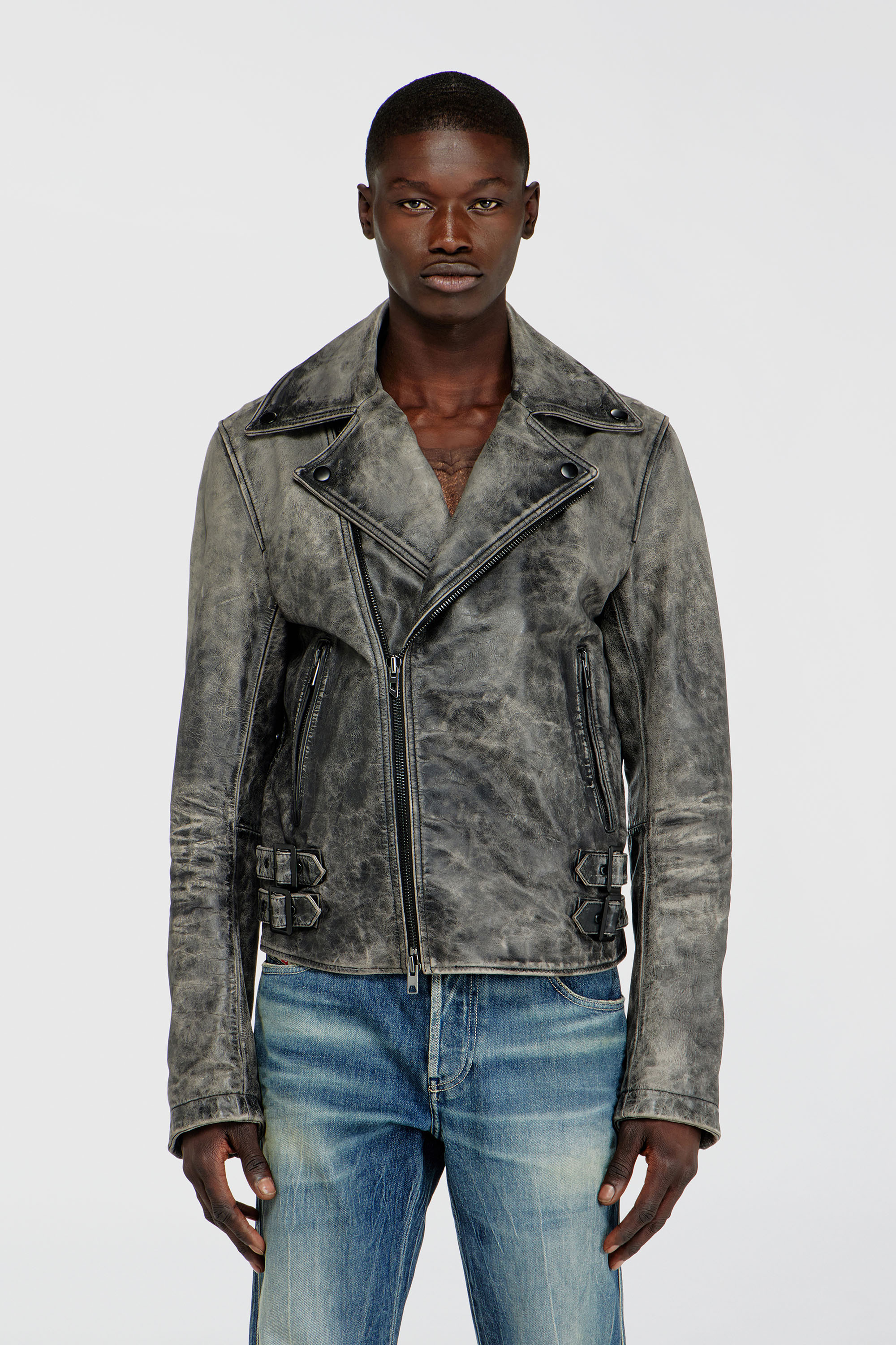 Diesel - L-EON-CJCM, Man's Biker jacket in treated leather in Dark grey - 1