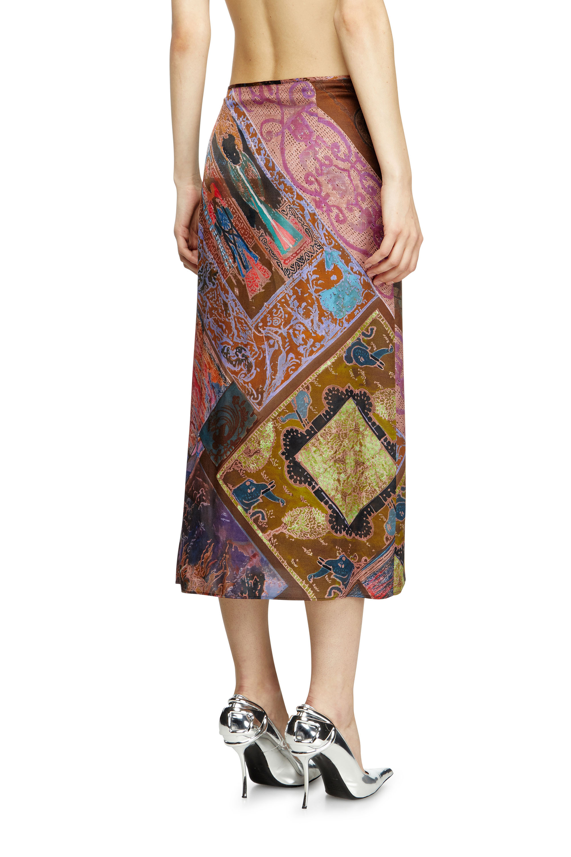 Diesel - O-RCHID, Damen Midi-Rock aus Viskose mit Wappen-Print in Braun - 4
