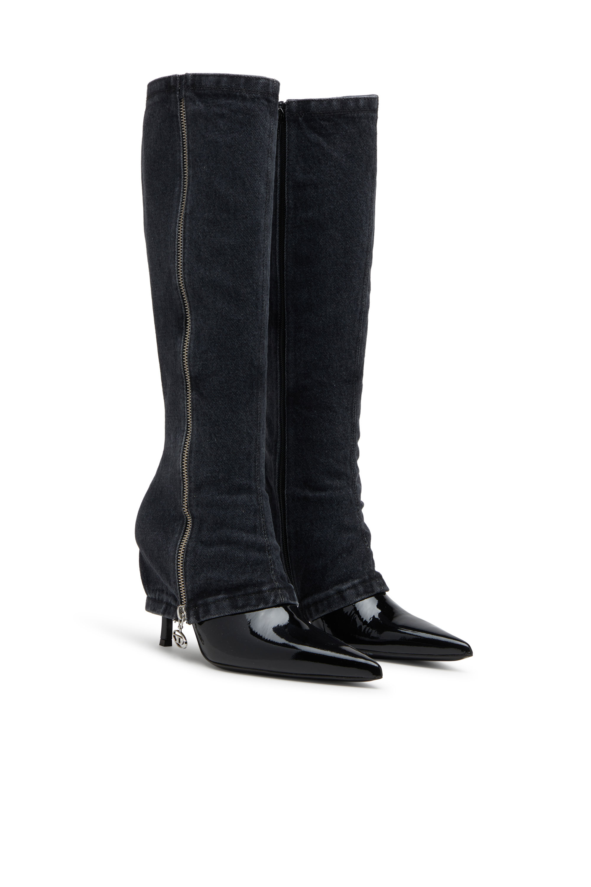 D-VENUS TWISTED BOOT, Black Diesel - D-VENUS TWISTED BOOT, Woman's D-Venus-Stiletto knee boots with jean trompe l'oeil in Black - 2