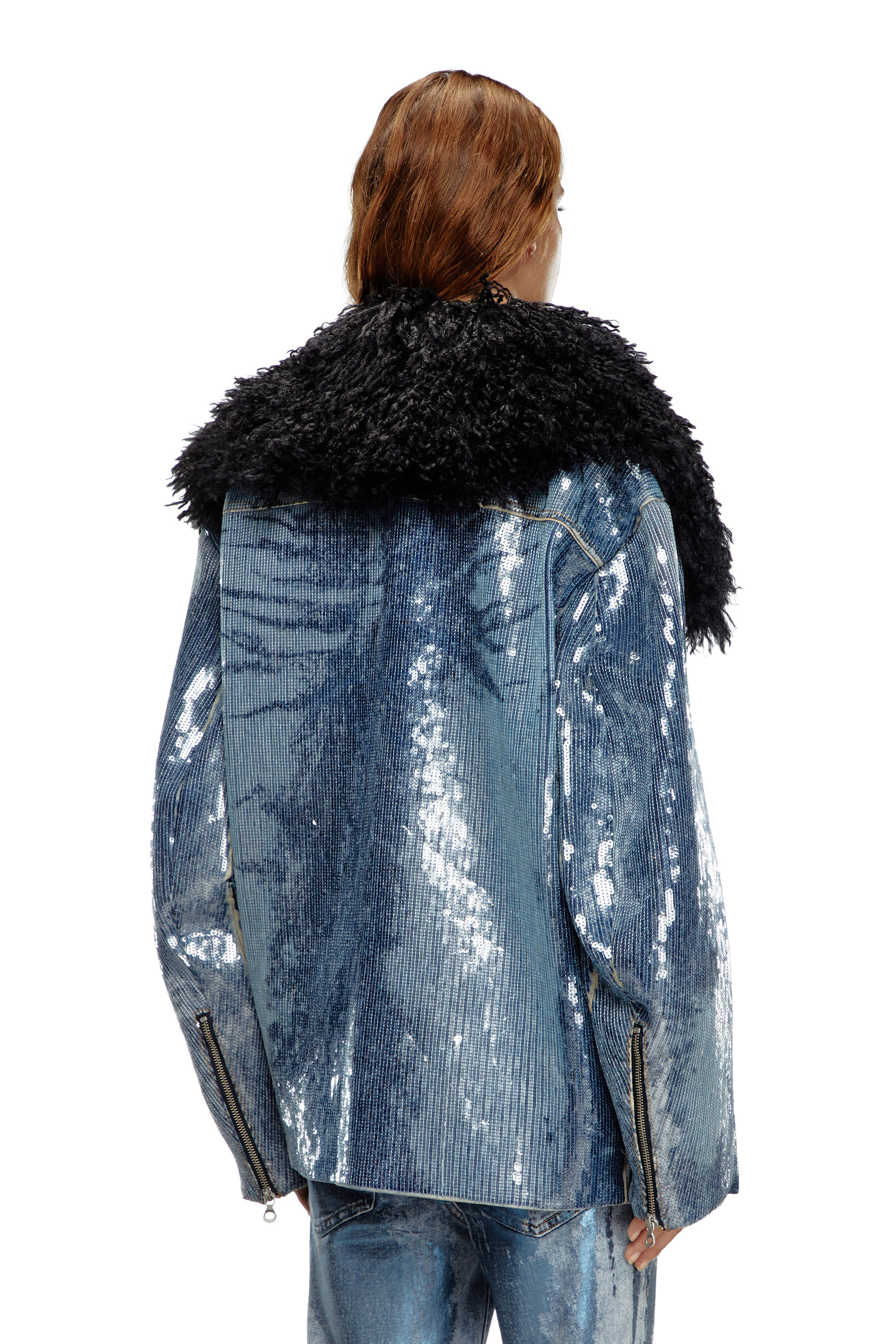 Diesel - DE-BIKA-S, Veste en denim avec sequins et col fourrure Femme in Bleu - 4