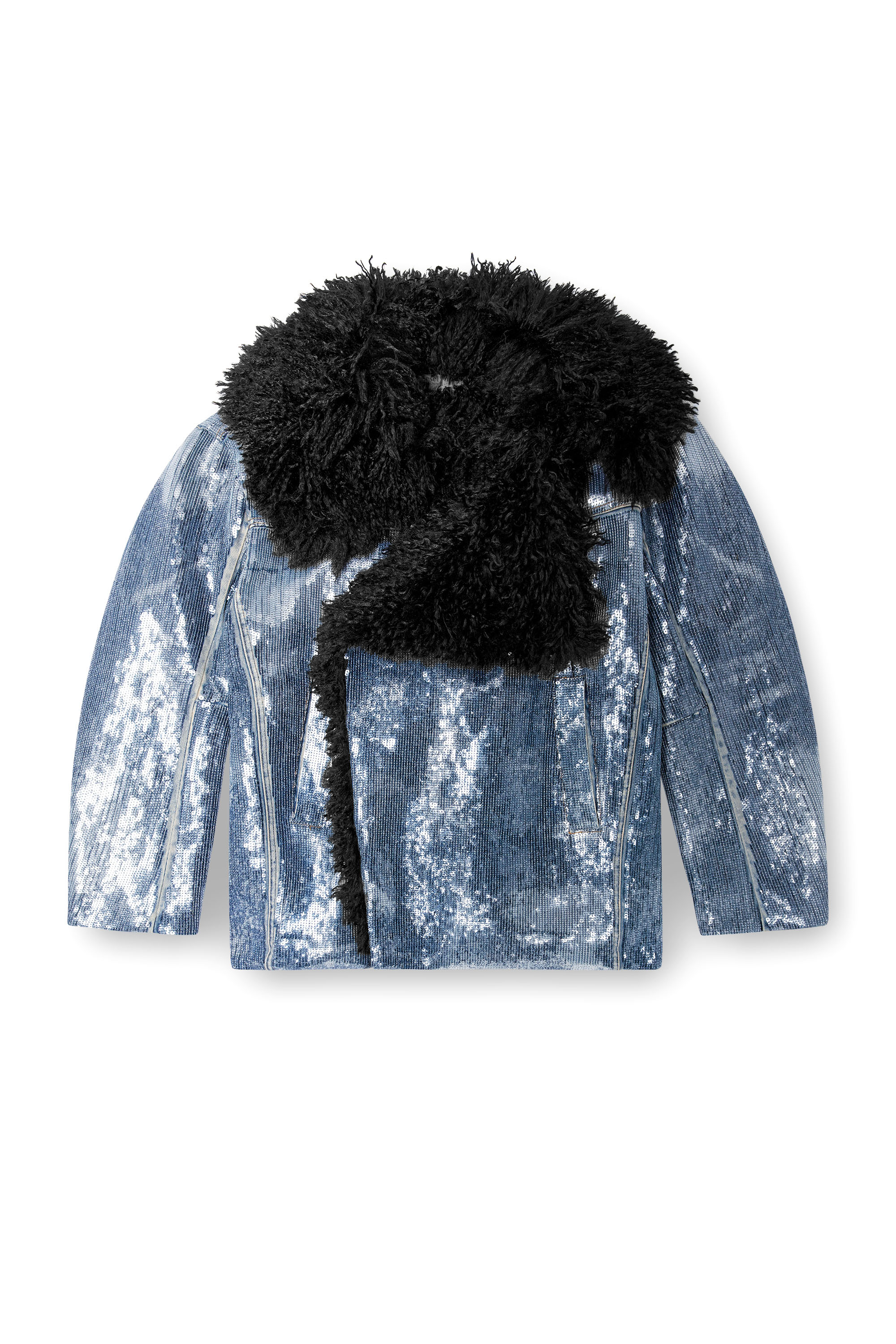 Diesel - DE-BIKA-S, Veste en denim avec sequins et col fourrure Femme in Bleu - 3