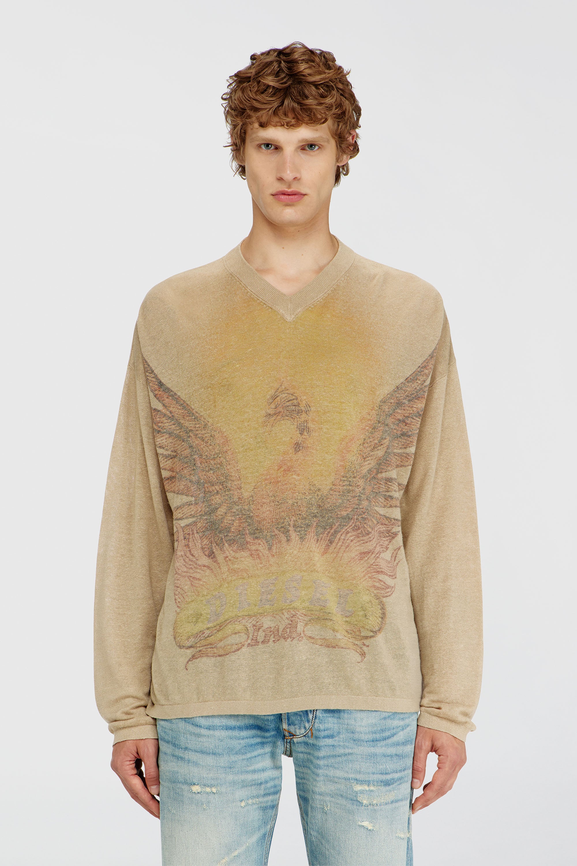 Diesel - K-ARMINS, Maglia in lino con stampa Phoenix effetto faded Uomo in Beige - 1