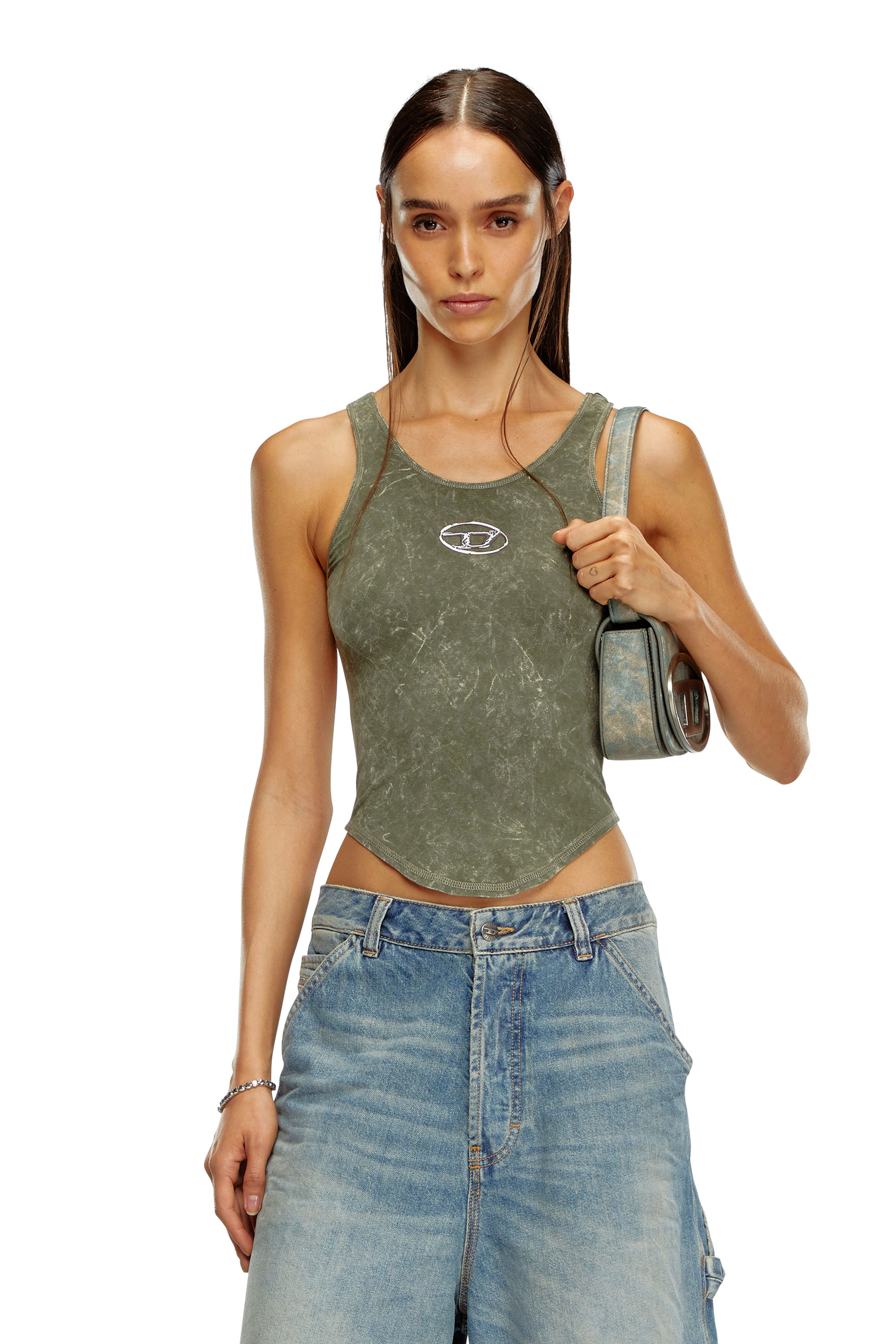 Diesel - T-AVENA-P1, Woman's Open-back top with marbled effect in Olive Green - 1