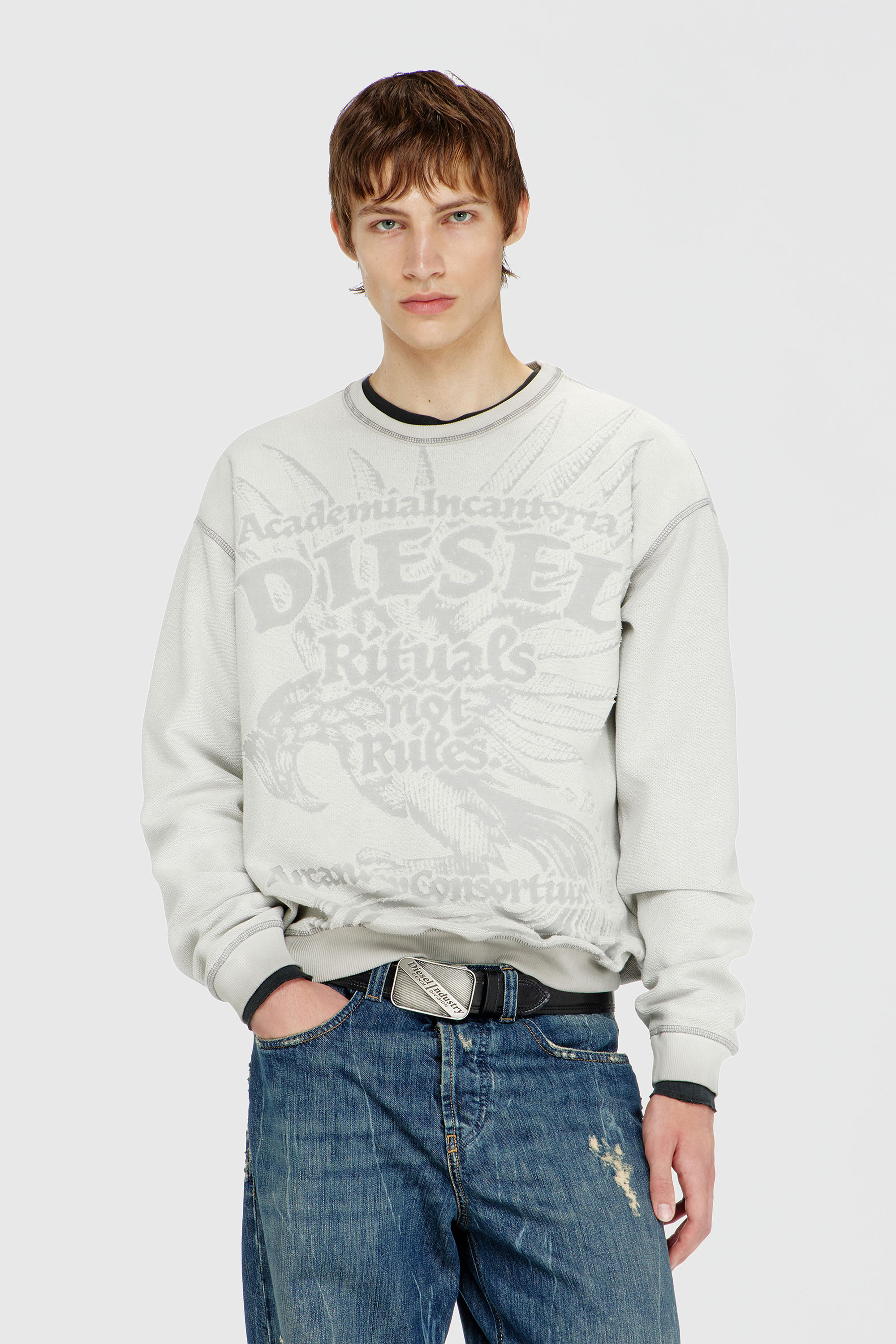 Diesel - S-ARON-RAW, Sweat-shirt avec imprim&eacute; d&eacute;vor&eacute; Homme in Gris - 3