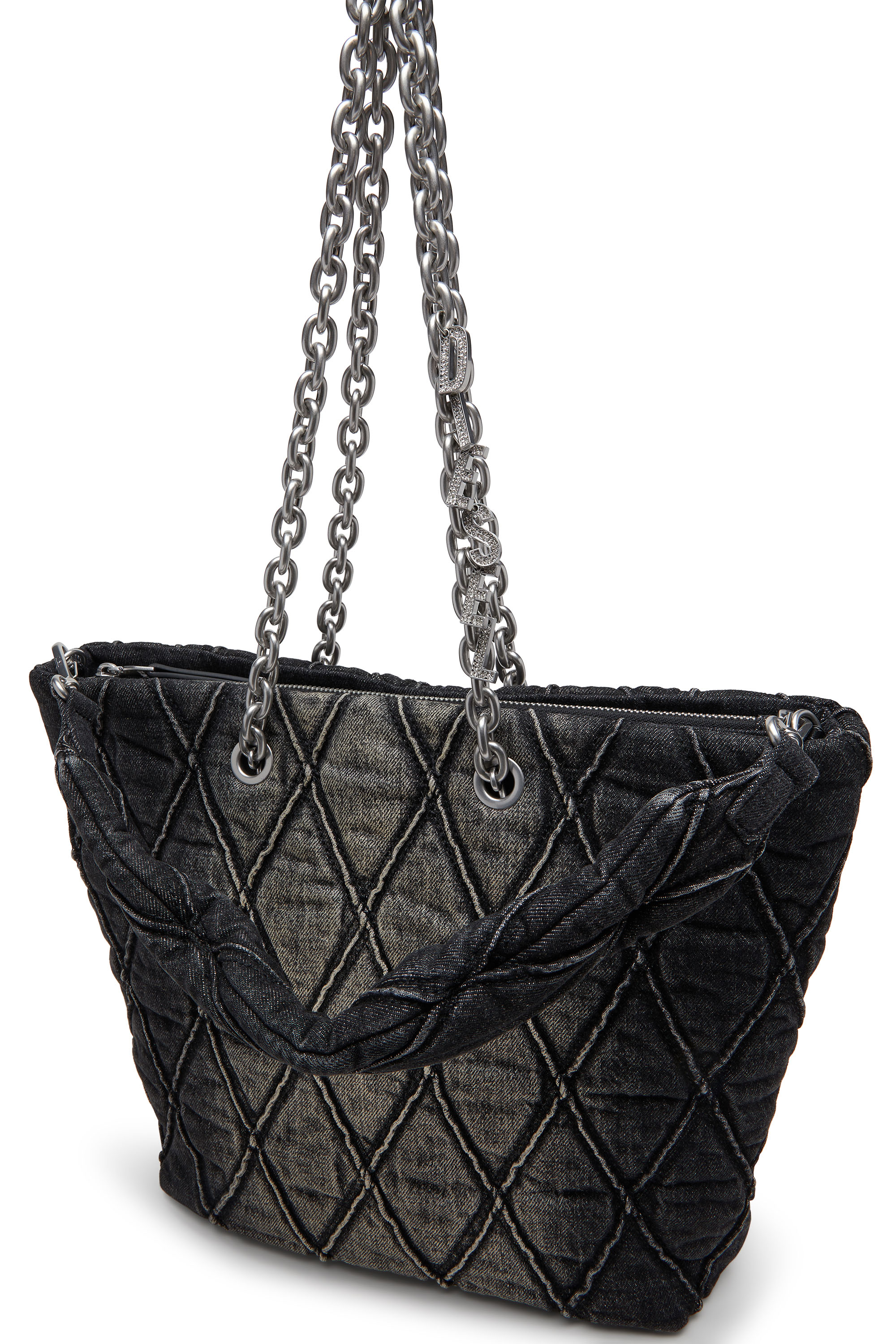 Diesel - CHARM-D SHOPPER M, Damen Charm-D-Tote Tasche aus gestepptem Denim in Schwarz - 5