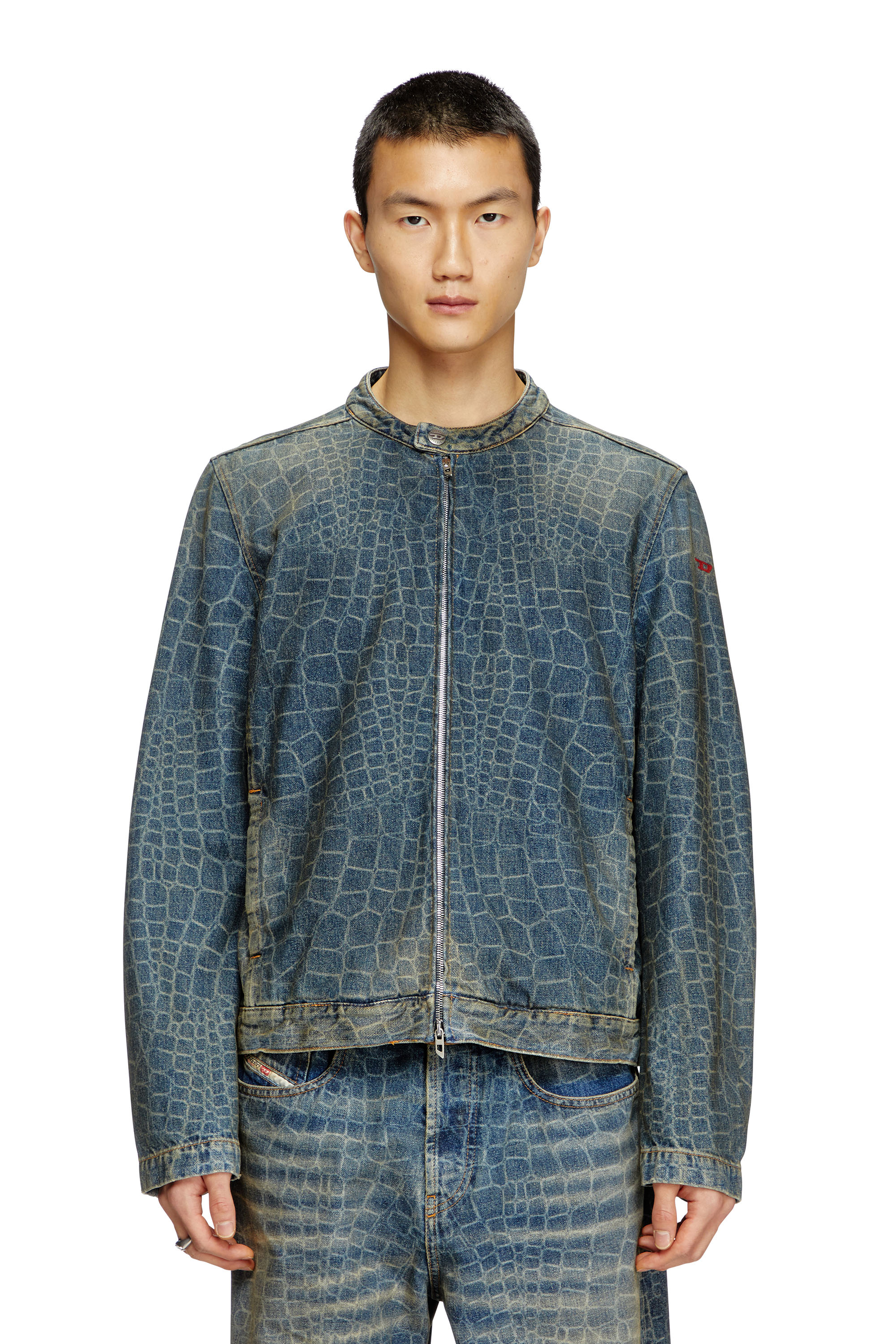 Diesel - CL-D-GLORY-SNAKE, Veste biker en denim avec imprimé serpent Homme in Bleu - 1