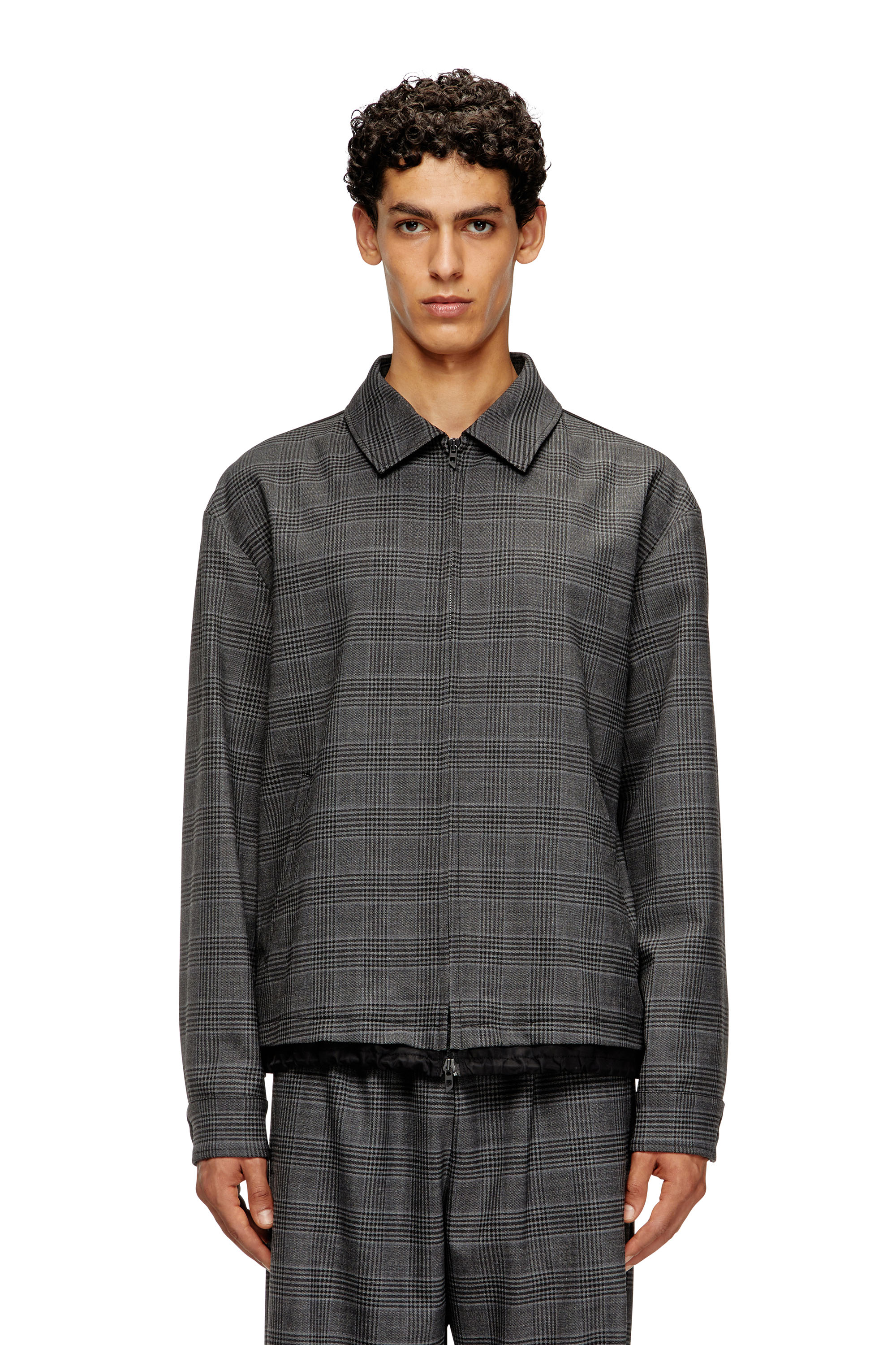 Diesel - J-TING, Herren Coach-Jacke aus Prince-of-Wales-Wollmischung und Satin in Schwarz/Grau - 3