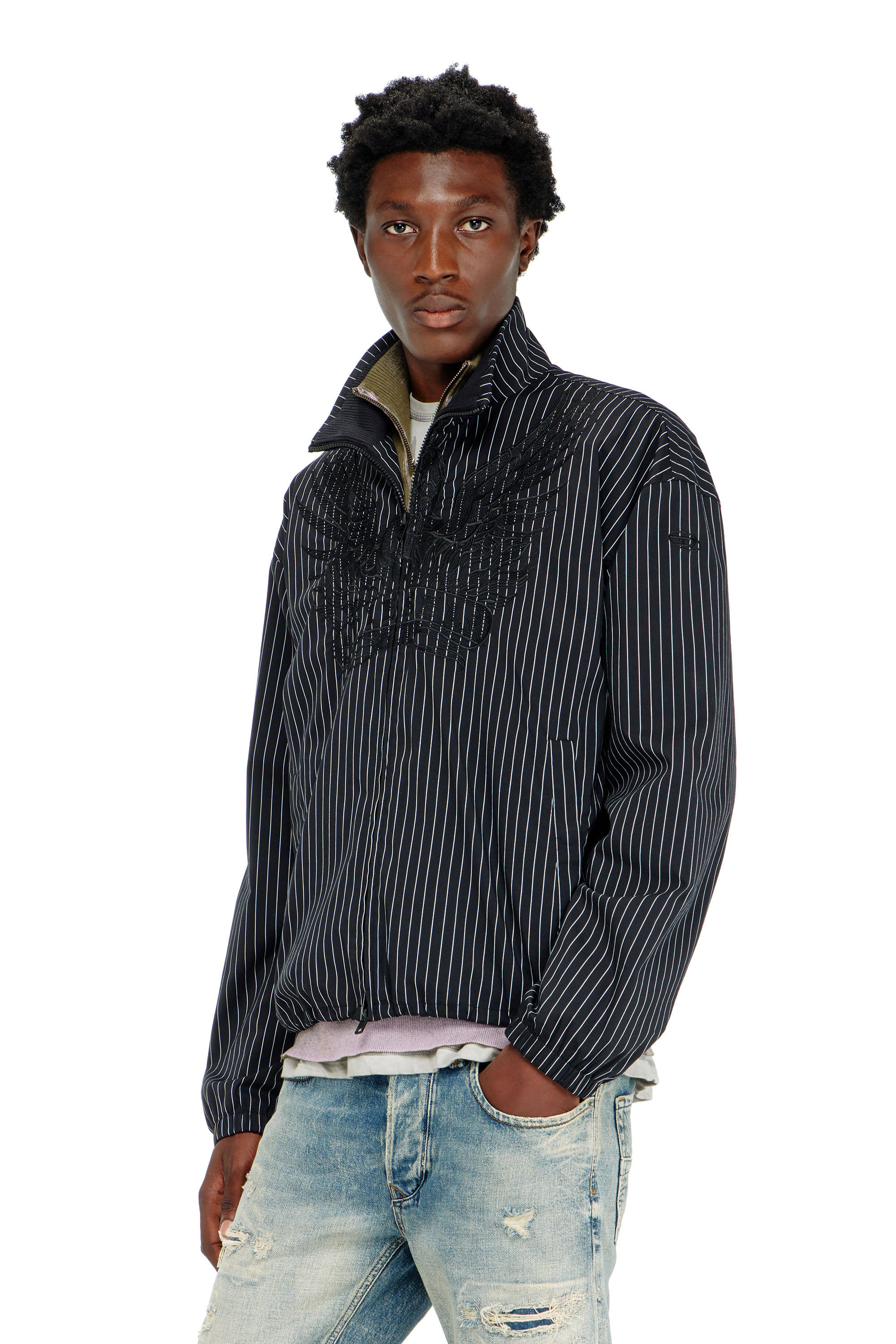 Diesel - J-CORSAR-NJCA, Veste en nylon &agrave; rayures avec broderie Phoenix Homme in Noir - 1