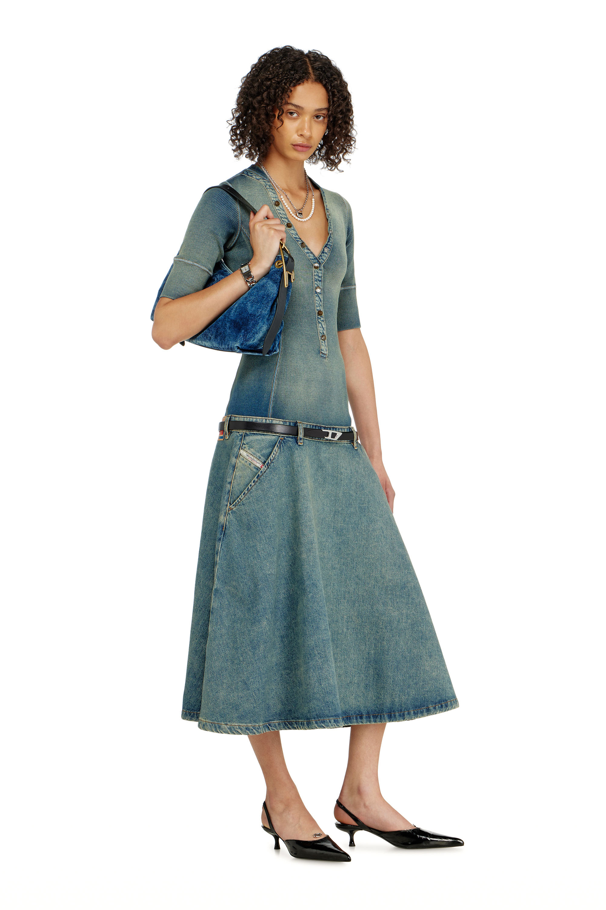 Diesel - DE-ANIM-S, Robe midi &agrave; taille basse en maille et denim Femme in ToBeDefined - 2