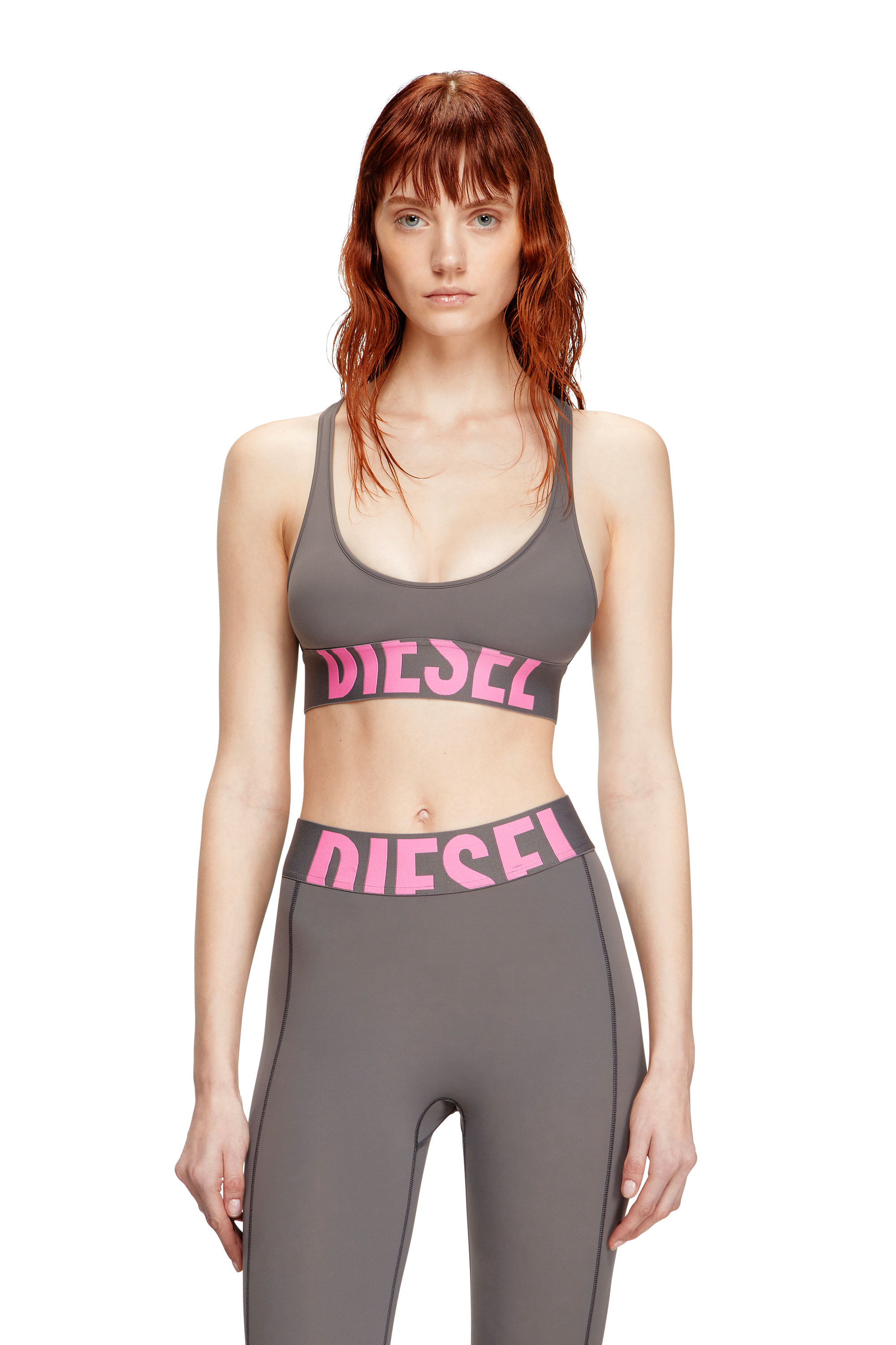 Diesel - ALLISON-D-POP, Brassière de sport en microfibre avec logo tronqué Femme in Gris - 1