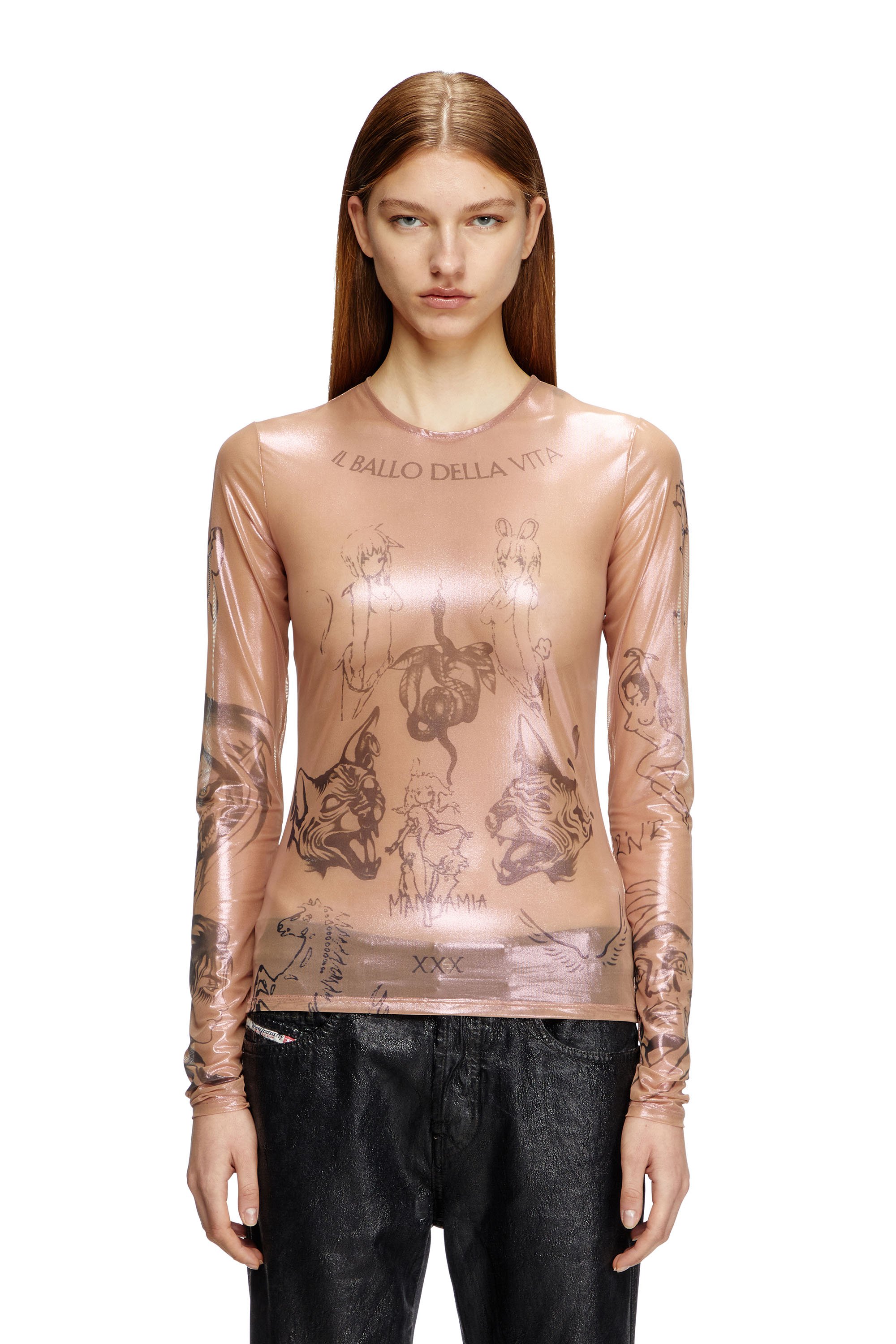 Diesel - T-CLAUDE-DD, Top in tulle stretch effetto tattoo Unisex in Rosa - 5