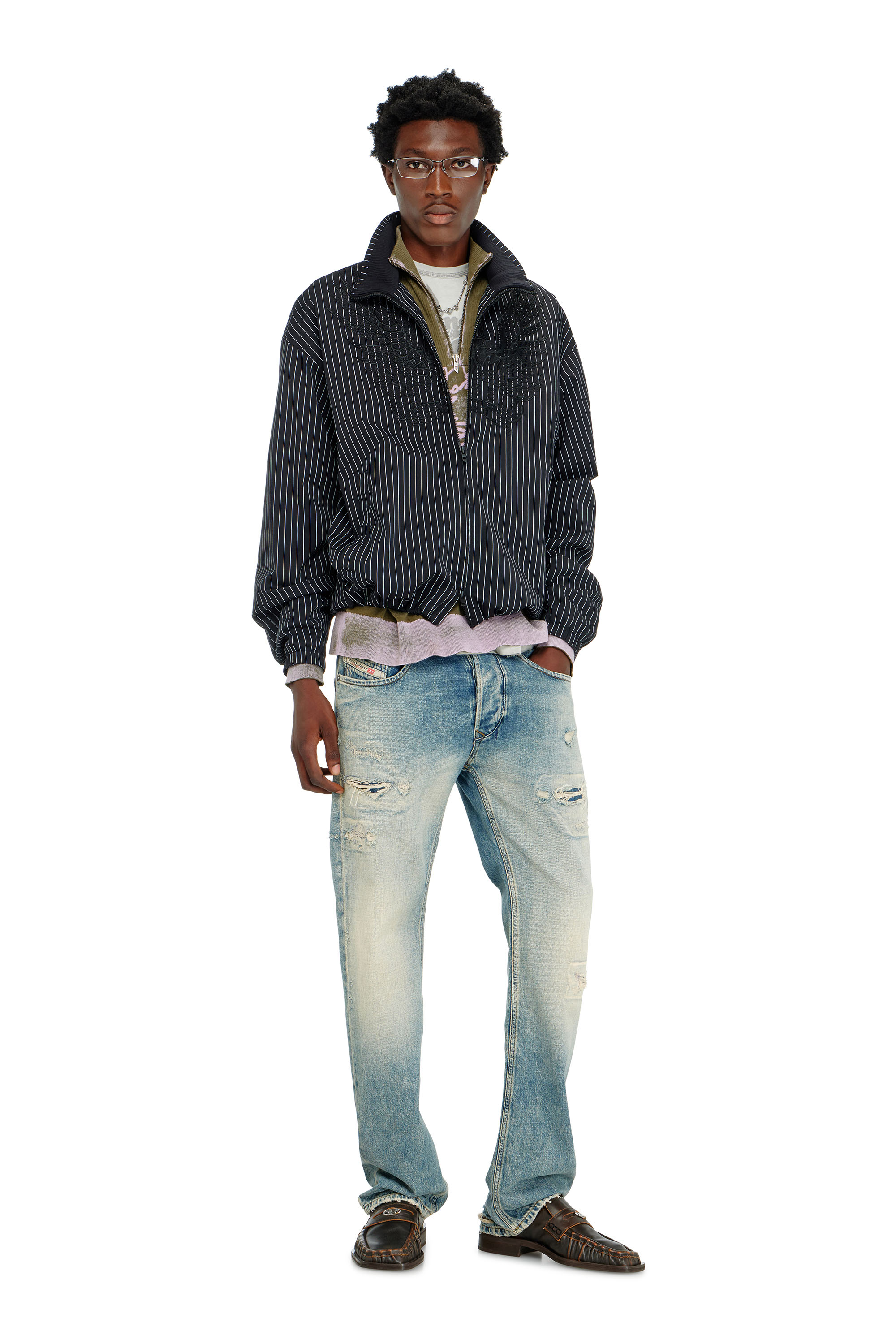 Diesel - J-CORSAR-NJCA, Veste en nylon &agrave; rayures avec broderie Phoenix Homme in Noir - 2