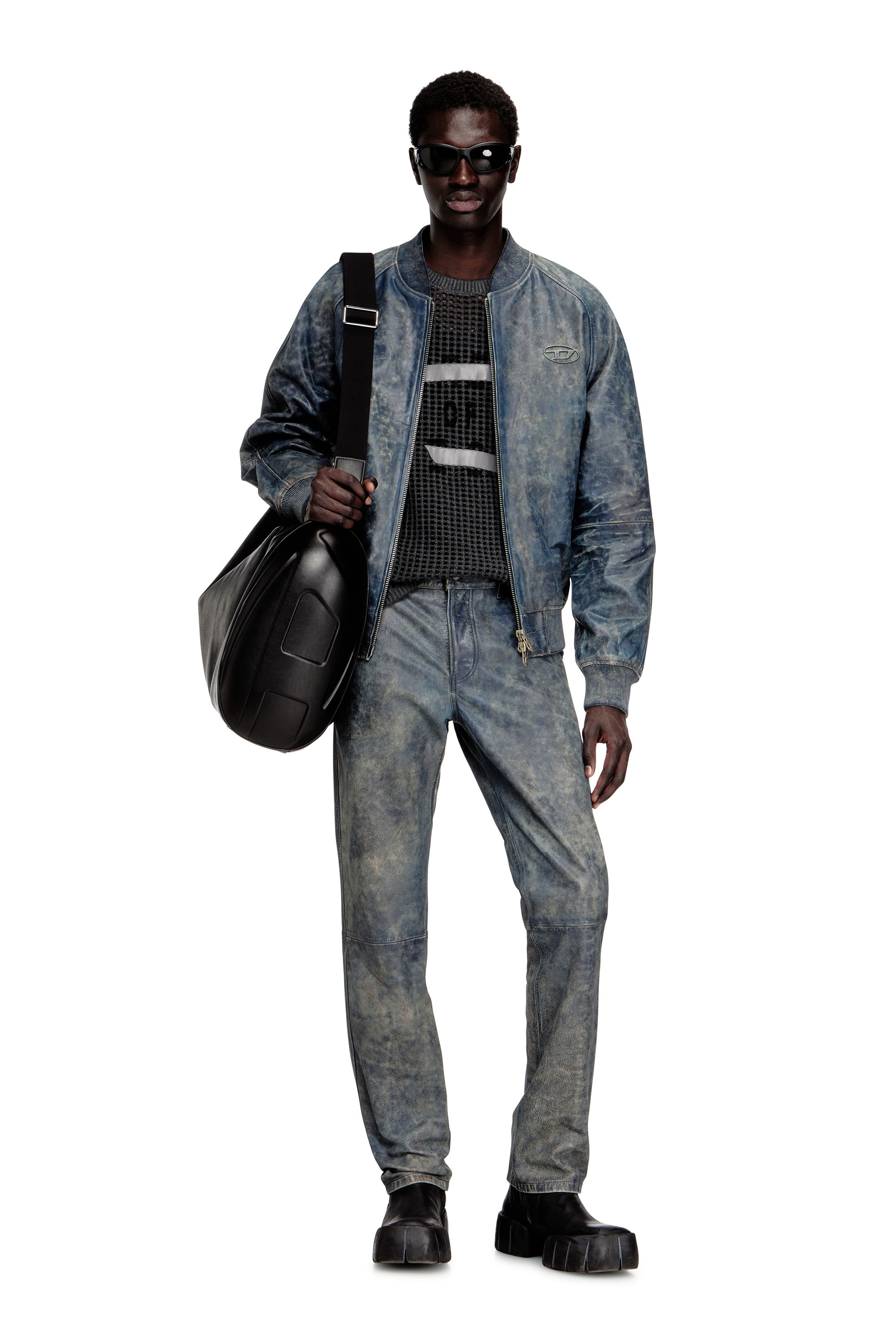 Diesel - L-COBB, Blouson aviateur en cuir trait&eacute; Homme in Bleu - 1