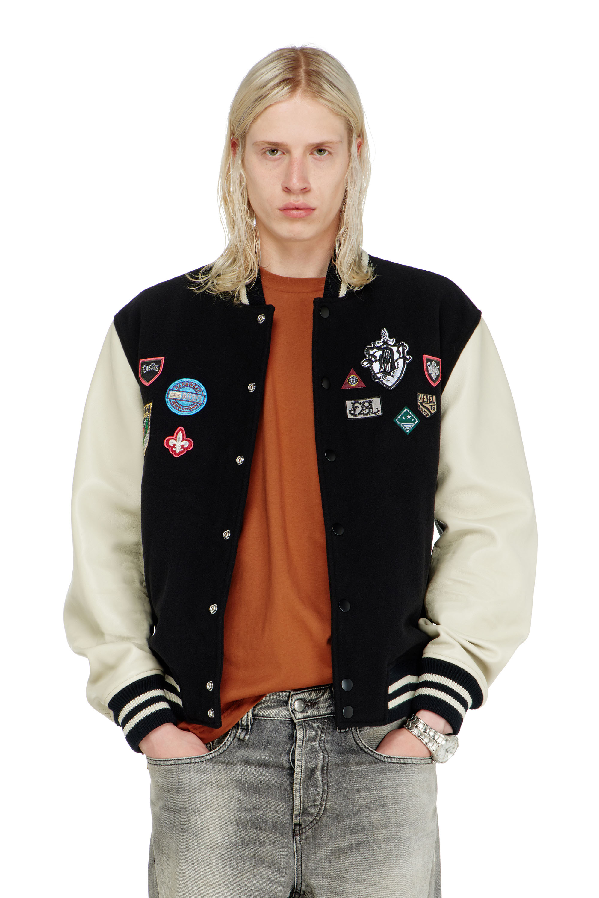 Diesel - L-ARRY-PATCH, Herren Bomberjacke aus Wolle und Leder mit Patches in Weiss/Schwarz - 3