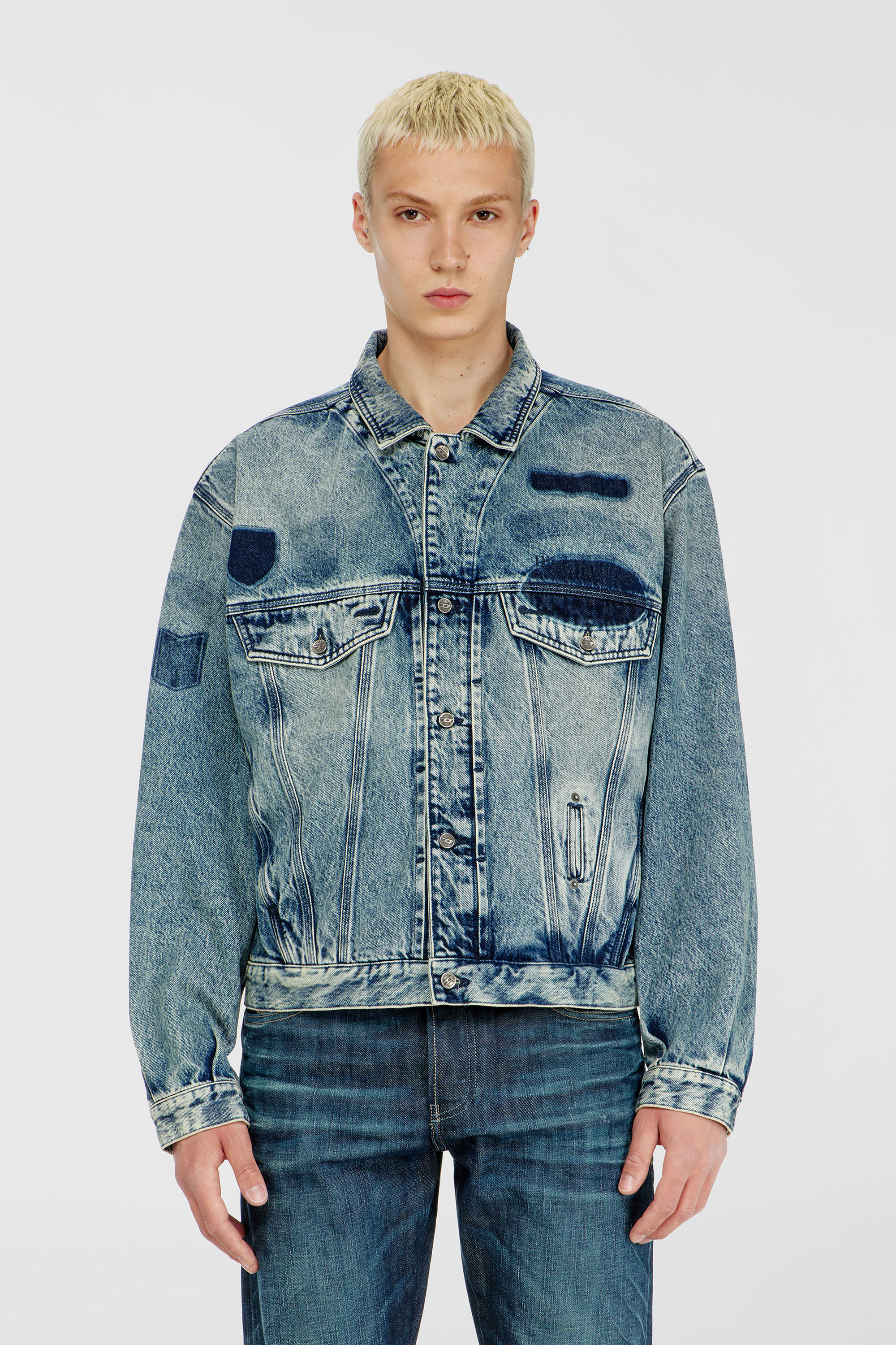 Diesel - D-DENVER-S2, Unisex's Trucker jacket with patch effects in Medium blue - 1