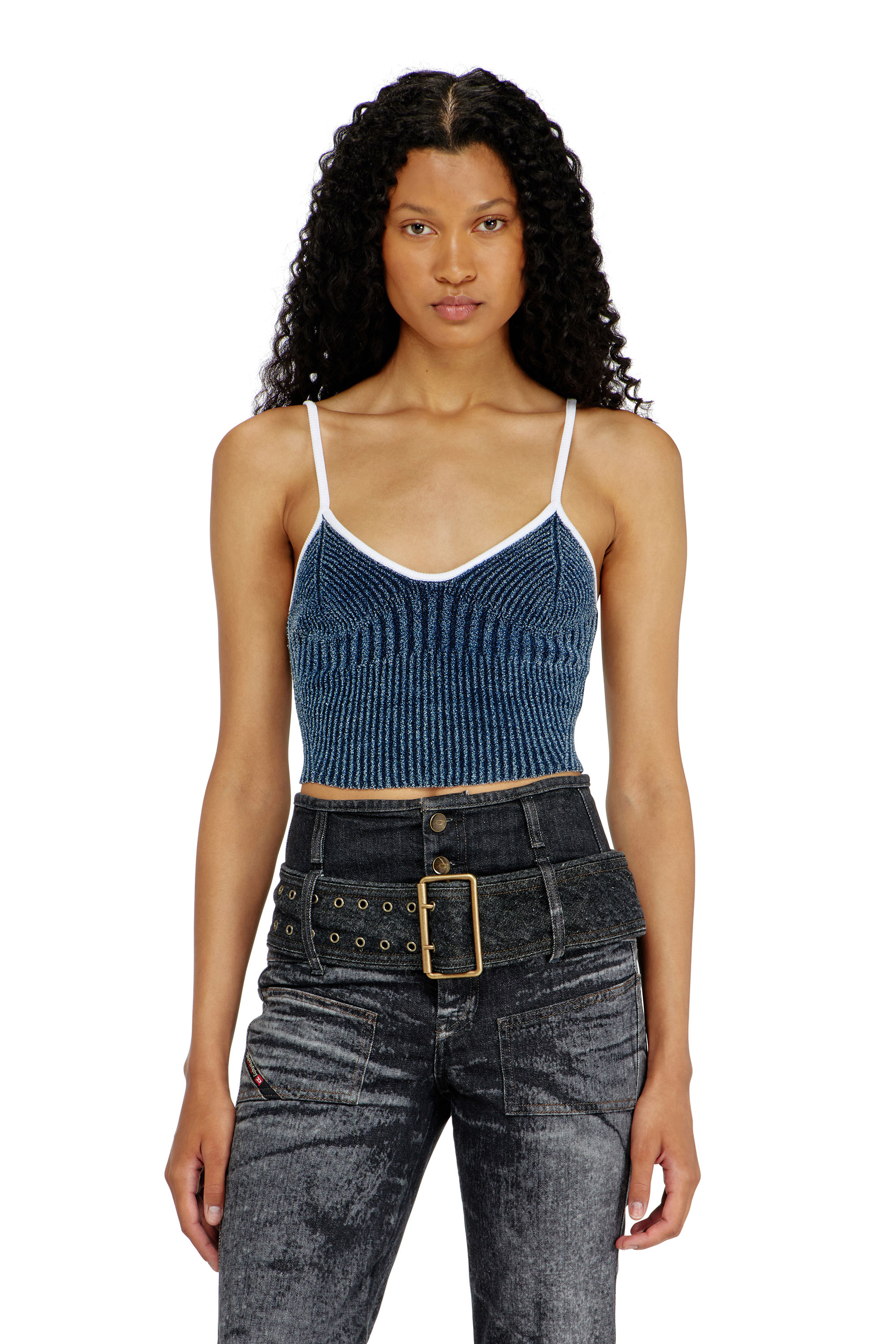 Diesel - M-ESTERE, Damen Crop-Top aus indigo boucl&eacute; Rippstrick in Blau/Weiss - 3