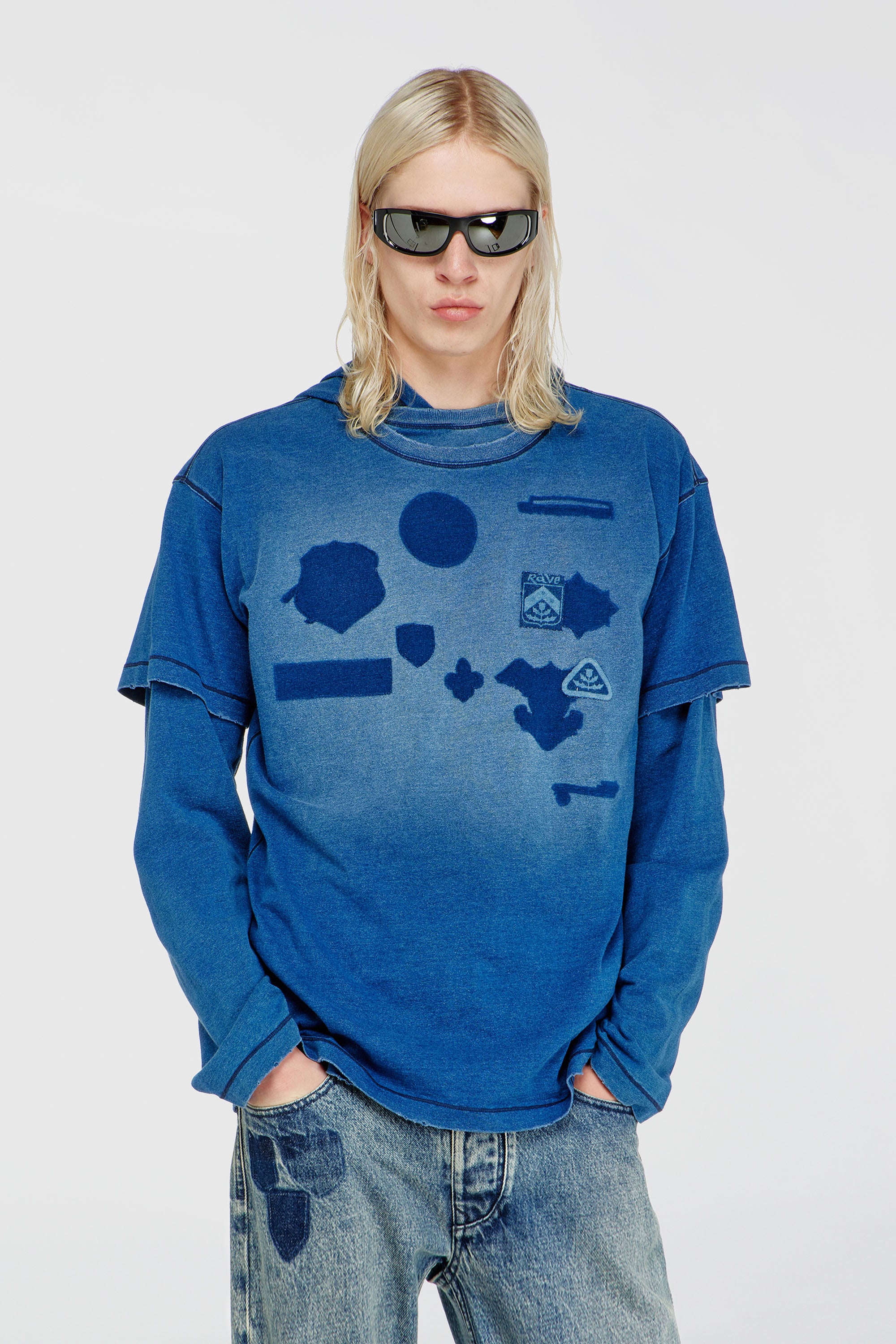 Diesel - T-NOX, Herren T-shirt mit patches mit schatteneffekt in Mittelblau - 1