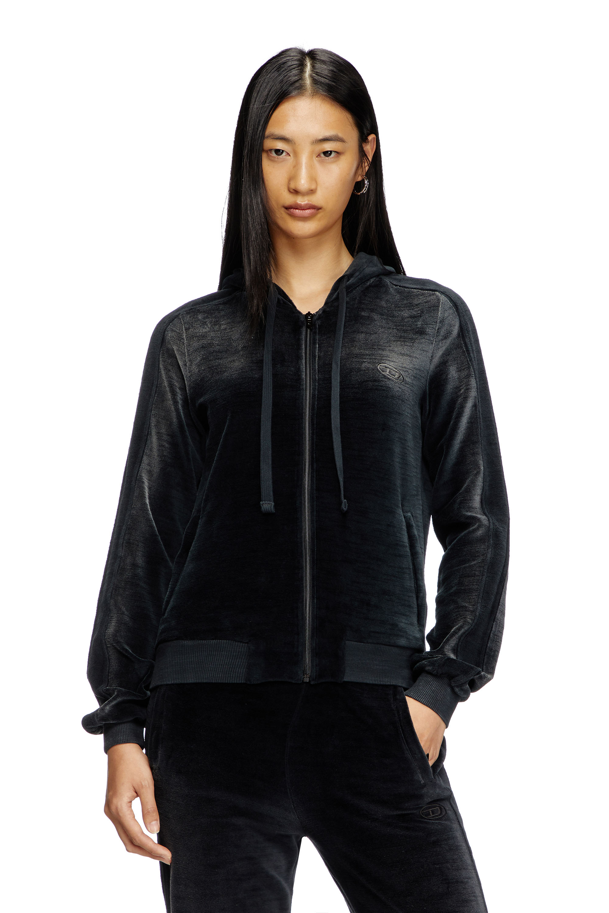 Diesel - F-ELY-Q1, Damen Hoodie mit Reißverschluss aus verblasster Chenille in Schwarz - 1