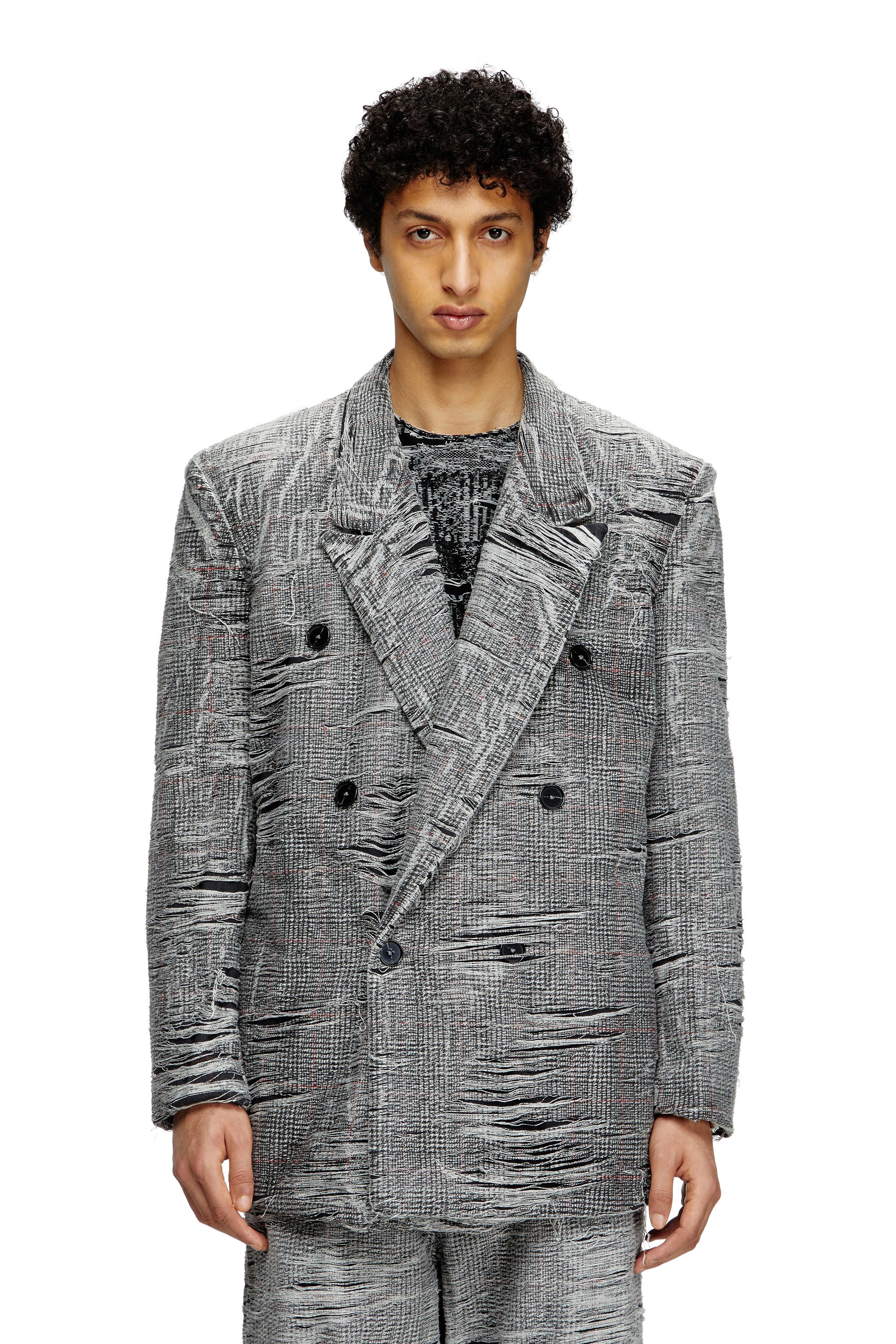 Diesel - D-PEKKA-FSG, Man's Blazer in distressed Prince of Wales denim in Grey - 1